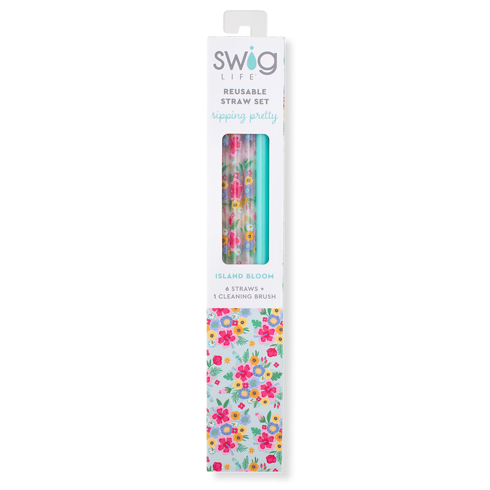 Eco-Friendly Island Bloom & Mint Reusable Straw Set - 4 Pack Stainless Steel Drinking Straws with Cleaning Brush for Smoothies, Iced Coffee, and Cocktails at Home or Travel