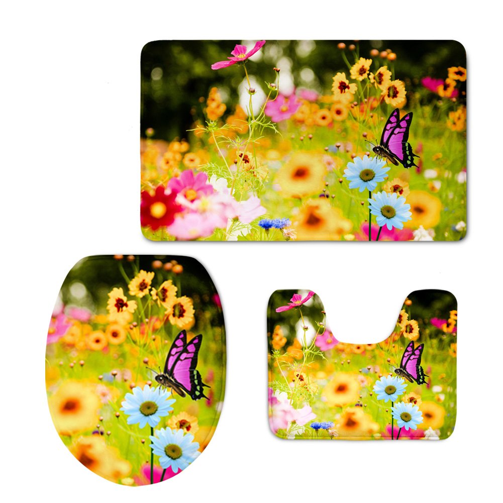 UNICEU Soft Absorbent 3-Piece Bathroom Rug Set - Non-Slip Bath Mat, Contour Mat & Toilet Lid Cover (Butterfly Flower Design) for Bathroom Safety & Comfort - Perfect for Home, Apartment, and Guest Bathroom Decor