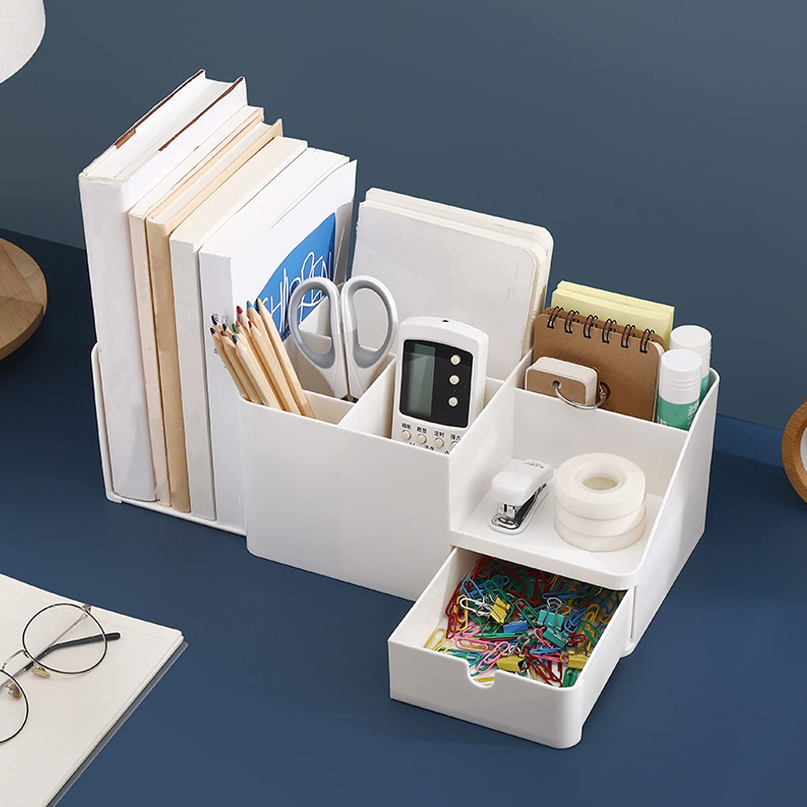 White Multifunctional Desk Organizer with Bookshelf & Drawer - Office Stationery Storage, Makeup Organizer, Bookends - Perfect for Home Office, Study Desk, and Beauty Vanity (Small, Beige)