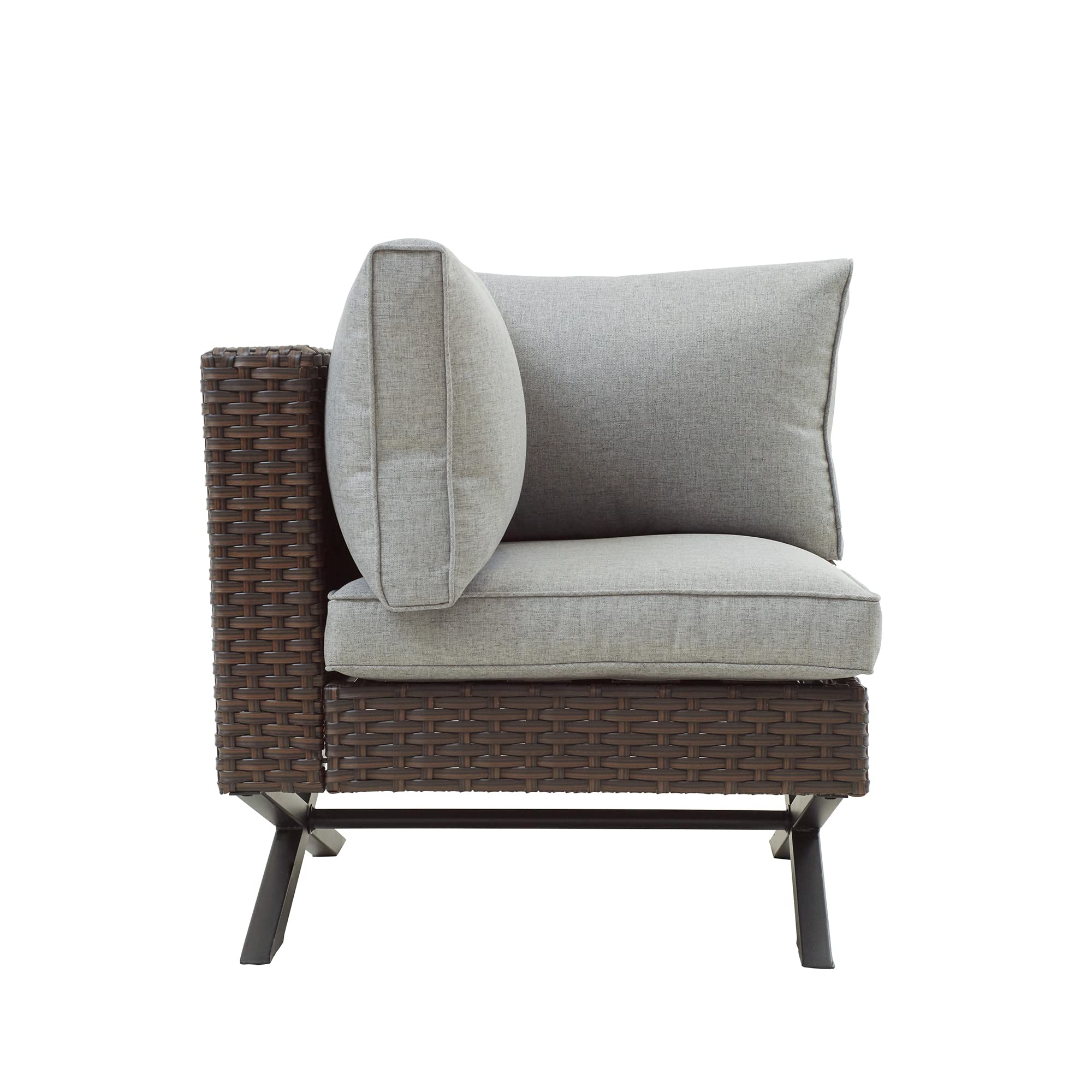 LOKATSE HOME Rattan Corner Sofa with X-Shape Legs & Cushions - Outdoor Patio Furniture, Right-Arm Lounge Chair for Garden, Poolside, Backyard - Brown Wicker Seating for Relaxing & Entertaining
