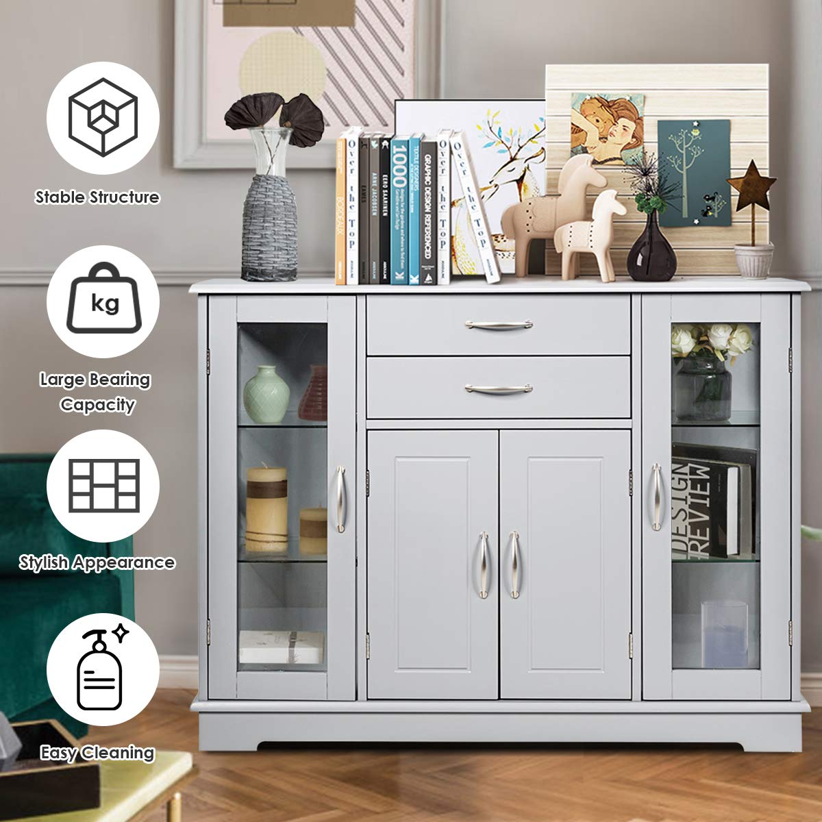 Giantex Gray Sideboard Buffet Server with 2 Drawers & 3 Cabinets - Kitchen Storage Cabinet with Glass Doors for Dining Room Furniture, Cupboard Console Table - Perfect for Entertaining, Holiday Serving & Home Organization