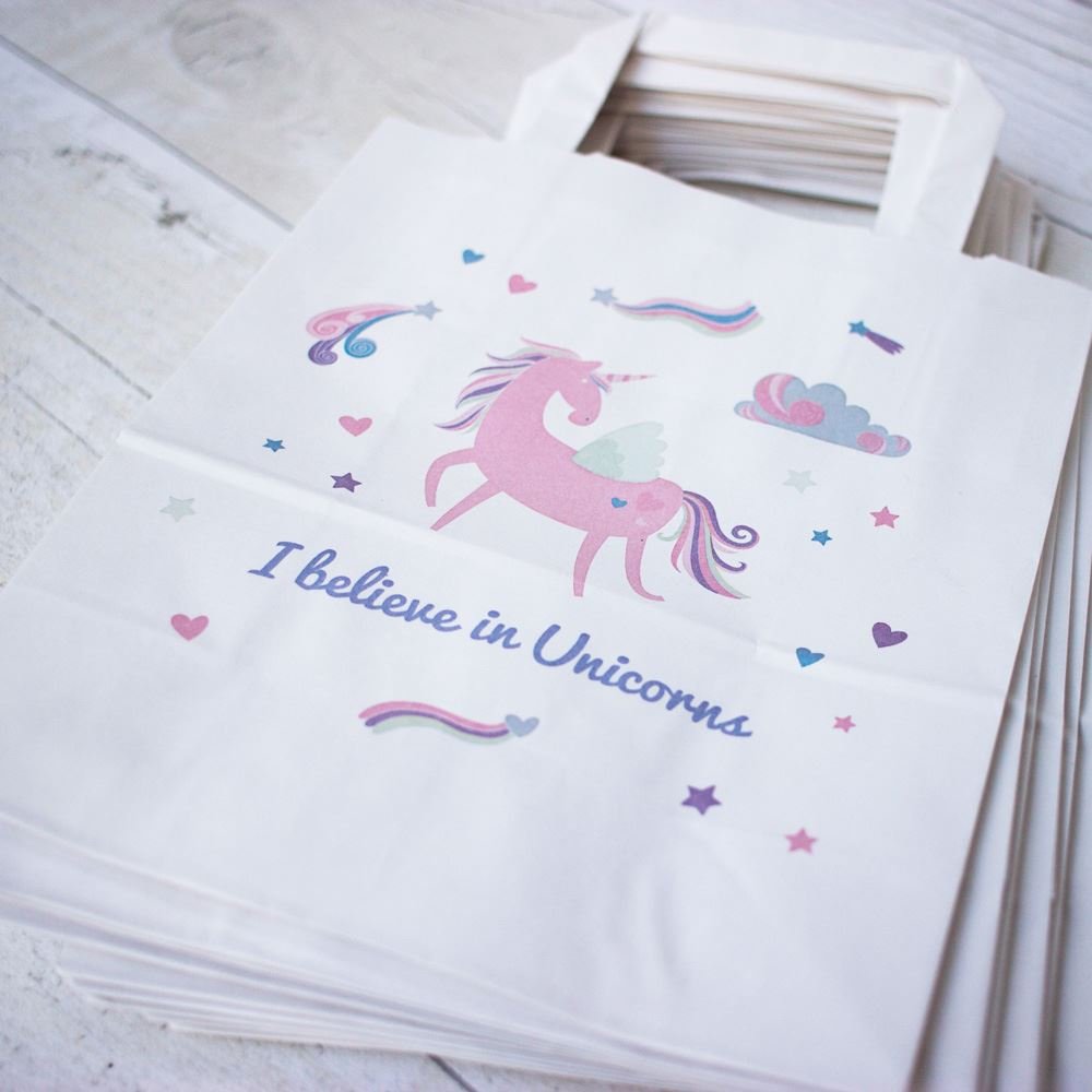10 Pack White Handled Unicorn Paper Party Gift Bags - I Believe in Unicorns - Perfect for Birthday Parties, Baby Showers & Magical Celebrations