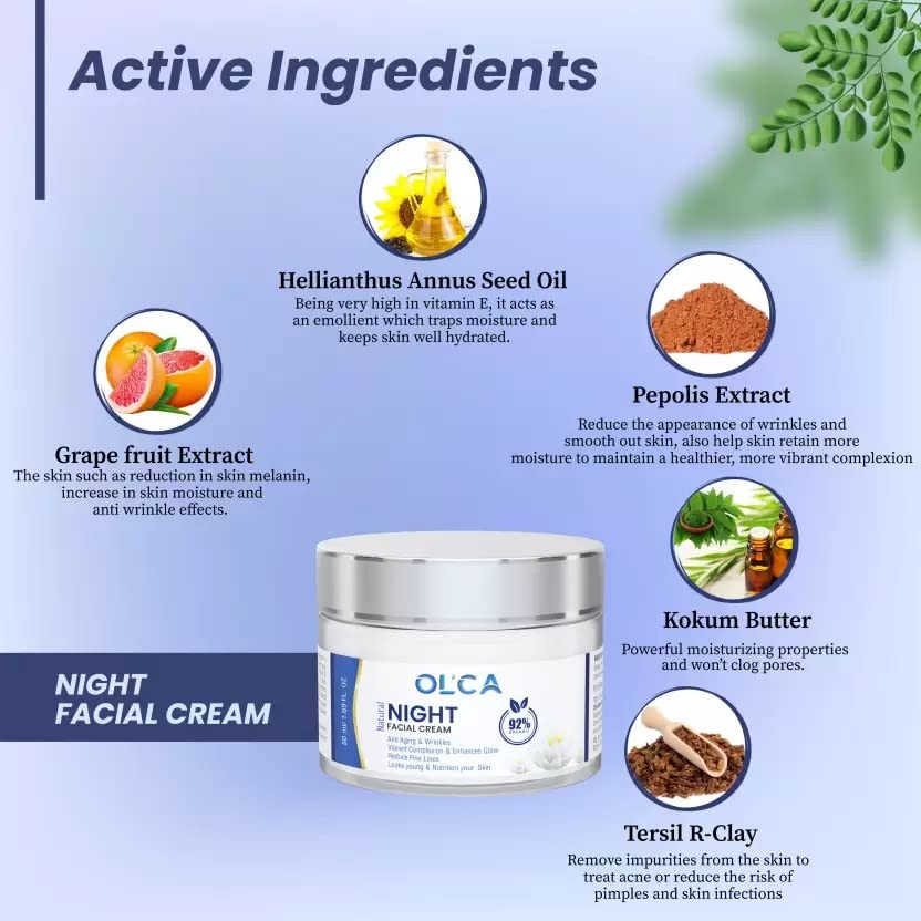 OLCA Anti-Aging Facial Night Cream for Wrinkles & Fine Lines - 50ml Hydrating Moisturizer with Glow Enhancement | Perfect for Nighttime Skincare Routine & Mature Skin Care