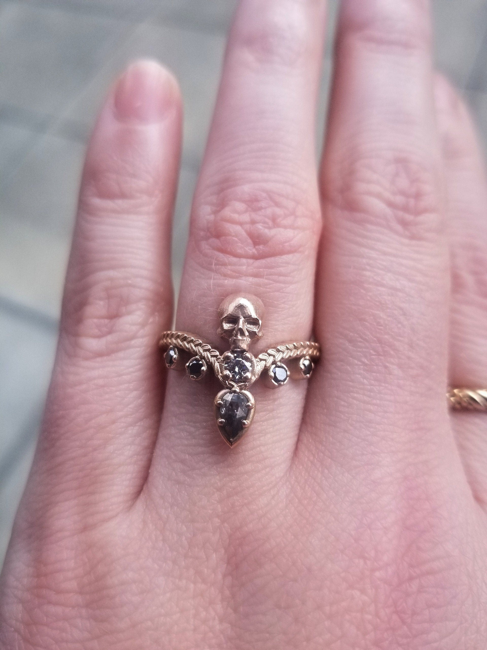 14K Rose Gold Catacomb Skull Ring with Salt & Pepper & Black/White Diamonds - Custom Pear Diamond Choice - Gothic Jewelry for Men & Women, Perfect for Halloween, Punk Fashion & Edgy Style