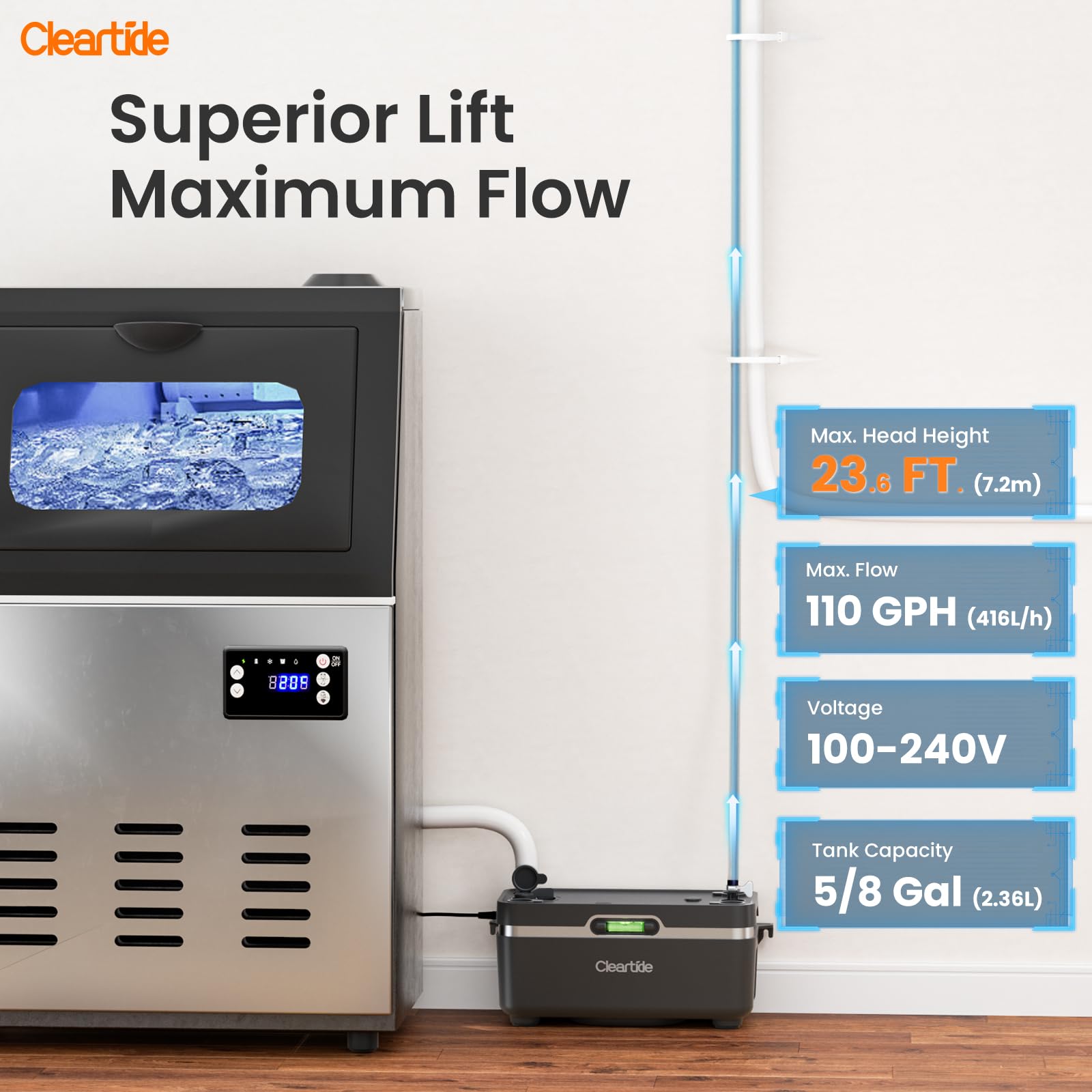 Ultra-Quiet 25dB HVAC Condensate Pump, 1/30 HP 135 GPH Automatic Drain Pump with Safety Switch & Tubing, 100-240V for AC, Furnace, Dehumidifier & Ice Maker - Perfect for Home, Office & Commercial Cooling Systems