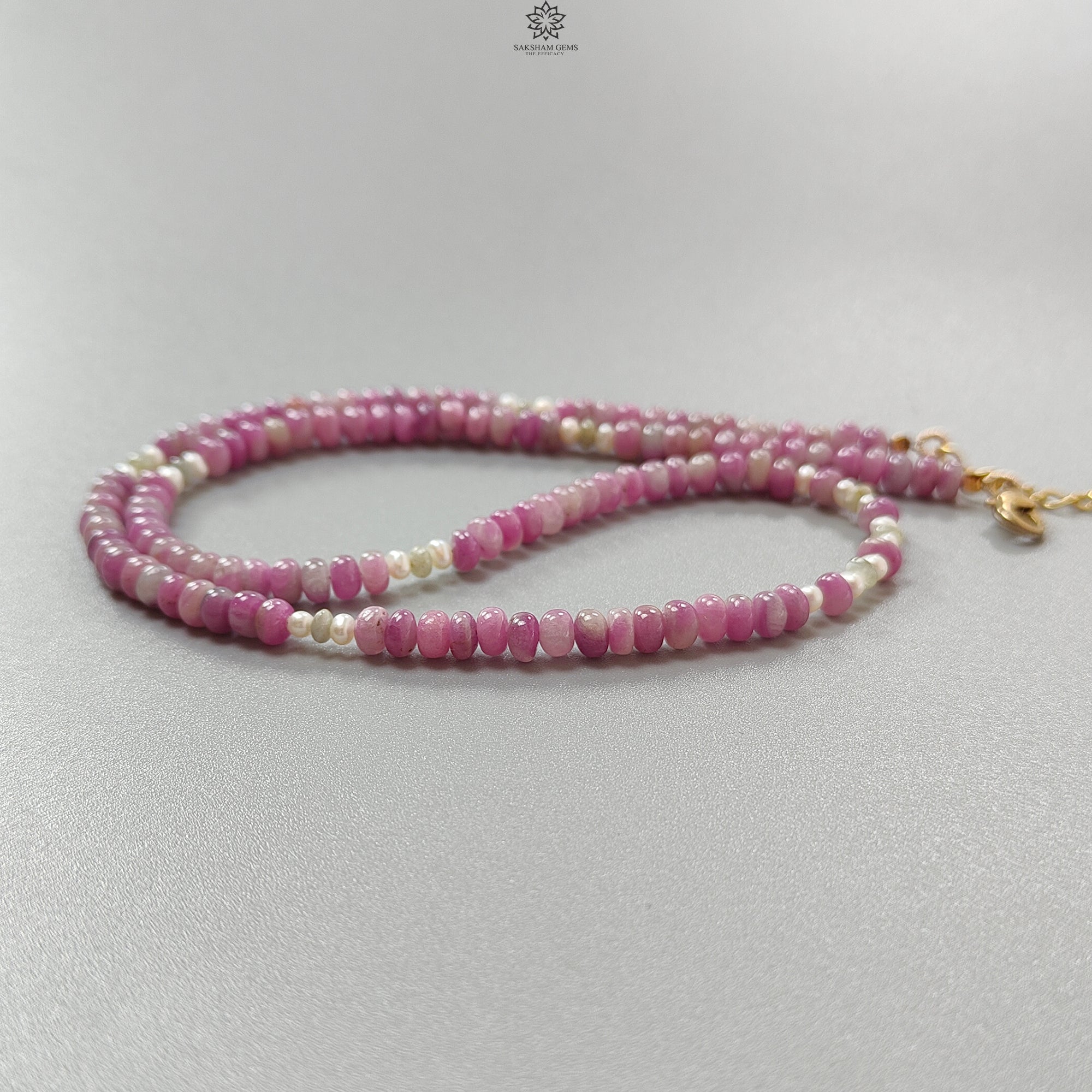 Natural Ruby Gemstone Beads Necklace - 21.85g Untreated Ruby with White Pearl & Cat's Eye Brass Rondelle Beads (4.5mm-5mm, 18