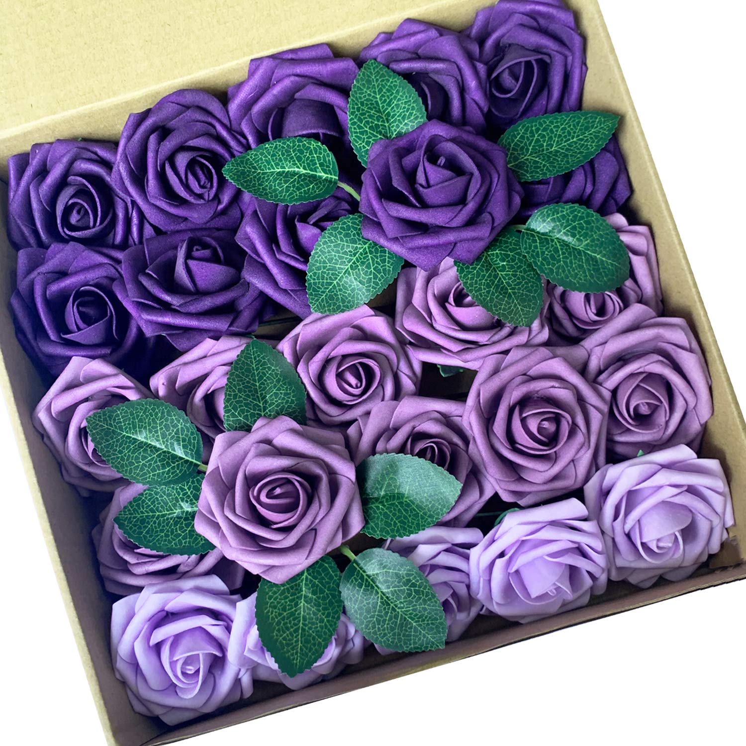 25PCS Realistic Purple Ombre Fake Roses for Wedding Bouquets & Home Decor