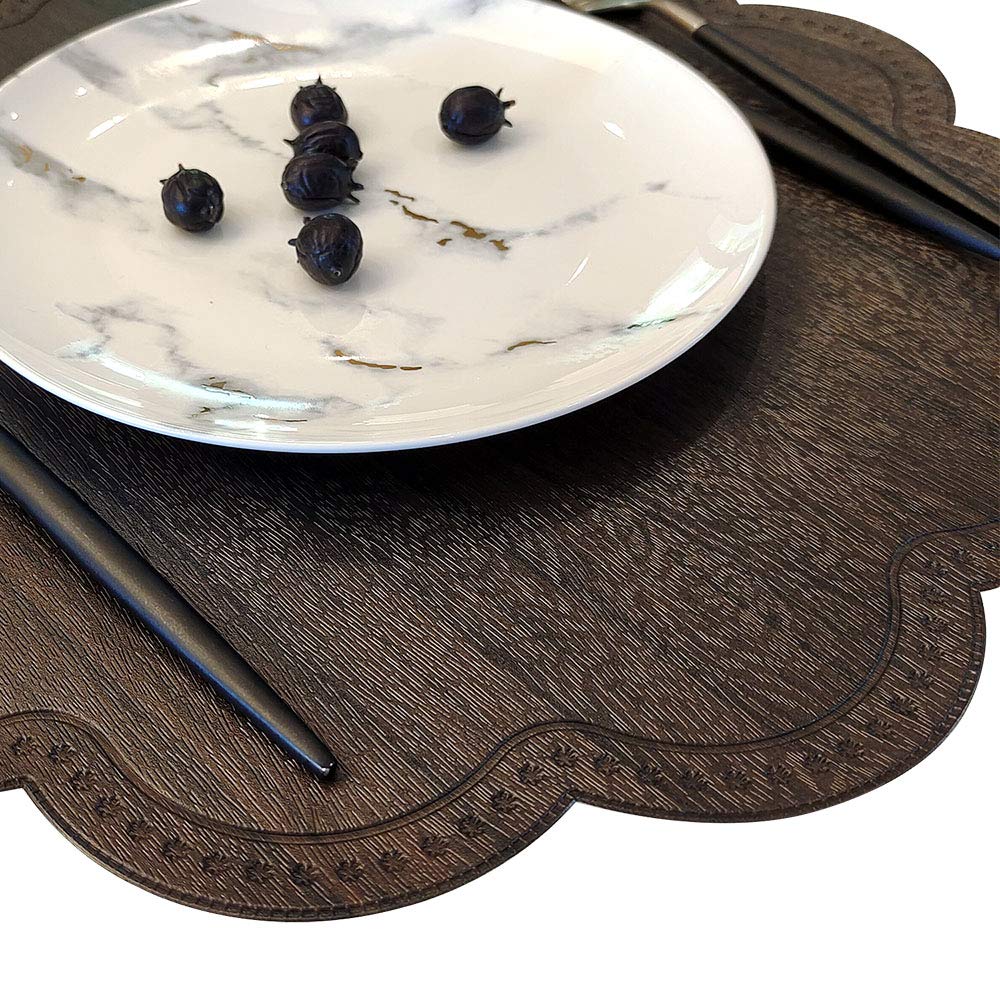 Modern Round Waterproof Placemats Set of 6 - Non-Slip Washable PU Table Mats for Dining Table, Kitchen & Home Decor (Wood Black) - Perfect for Everyday Meals, Dinner Parties & Spill Protection