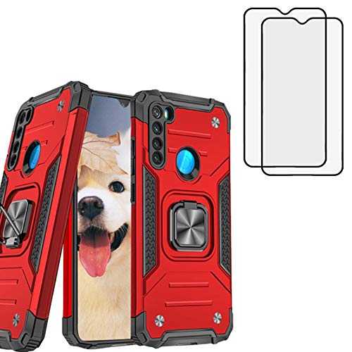 YaHan 2-Pack Heavy Duty Shockproof Case for Xiaomi Redmi Note 8 with 360° Rotating Ring Kickstand & Tempered Glass Screen Protector - Dual Layer Defender Hard Back Cover (Red) | Perfect for Outdoor Activities, Travel Protection & Daily Use