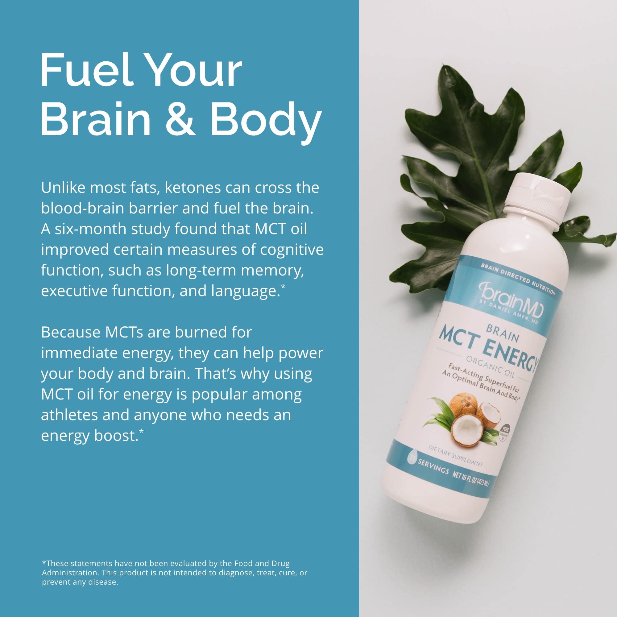 Dr. Amen BrainMD Brain MCT Energy Supplement - 16 fl oz Bottle | Supports Brain Function & Physical Energy | Enhances Focus & Satiety | Fast-Acting, Gluten-Free Formula (31 Servings) | Ideal for Workouts, Study Sessions & Keto Diets
