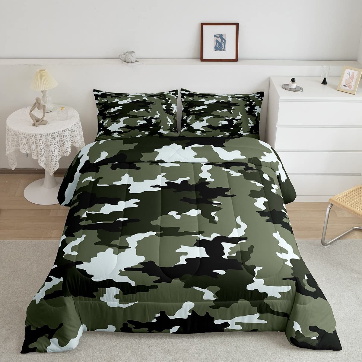 Feelyou Army Camouflage Comforter Set for Kids & Teens - Boys Military Bedding Set with 2 Pillowcases, Queen Size 3Pcs (Army Green) - Perfect for Boys' Room Decor, Camping Theme Bedrooms & Military Enthusiasts