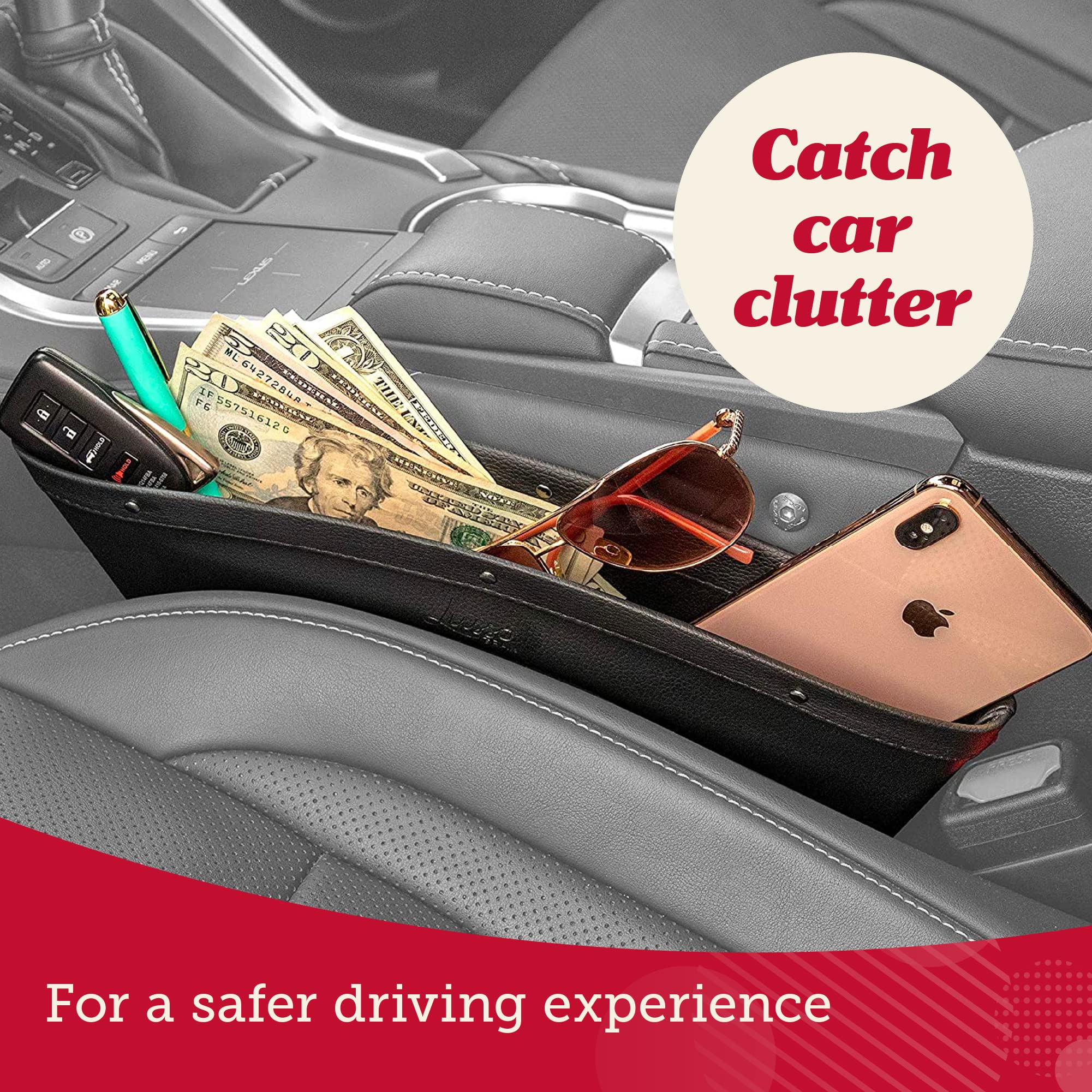 Lusso Gear Car Seat Gap Filler & Organizer (2 Pack) – Universal Fit for Most Vehicles, Premium Vegan Leather – Holds Phone, Keys, Wallet & Sunglasses – Car Accessories for Organization – Perfect for Road Trips, Commuting & Family Travel