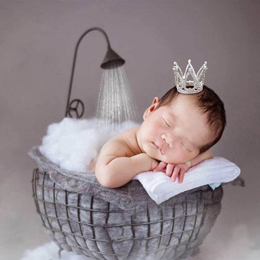 Mini Silver Baby Princess Tiara Crown - Crystal Rhinestone Cake Topper for Newborn Photos, Royal Prince Themed Birthday, Wedding & Christmas Party Decorations | Perfect for 1st Birthday, Christening, Photo Shoots & Special Occasions