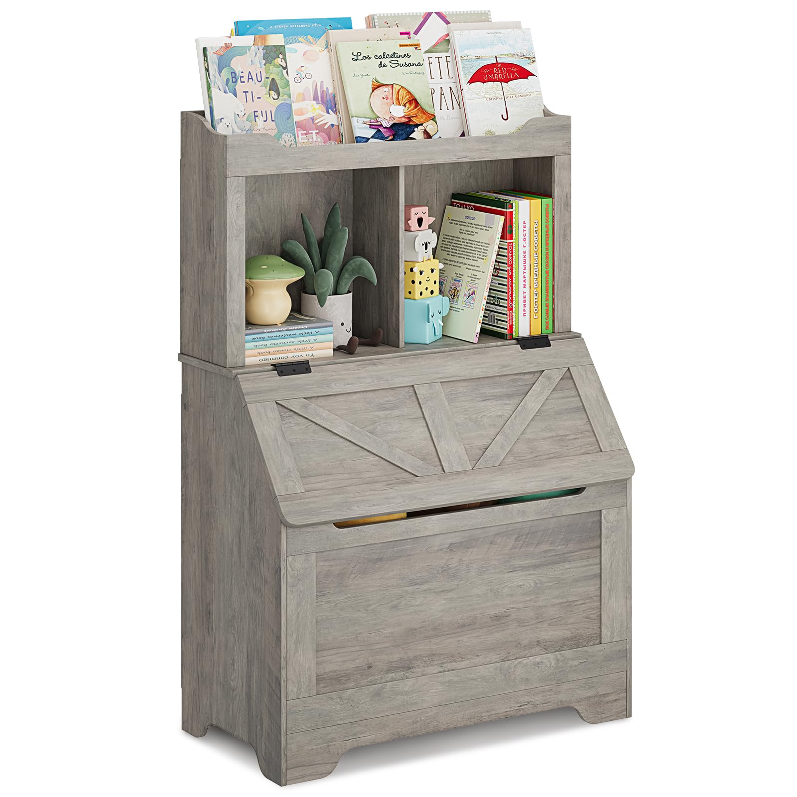 Wooden Kids Bookshelf and Toy Storage Organizer - Large Flip-top Toy Box with Cubby & 3-Tier Bookcase for Playroom, Bedroom, Nursery, Kindergarten - Perfect for Organizing Toys, Books & Kids' Belongings in Home & School