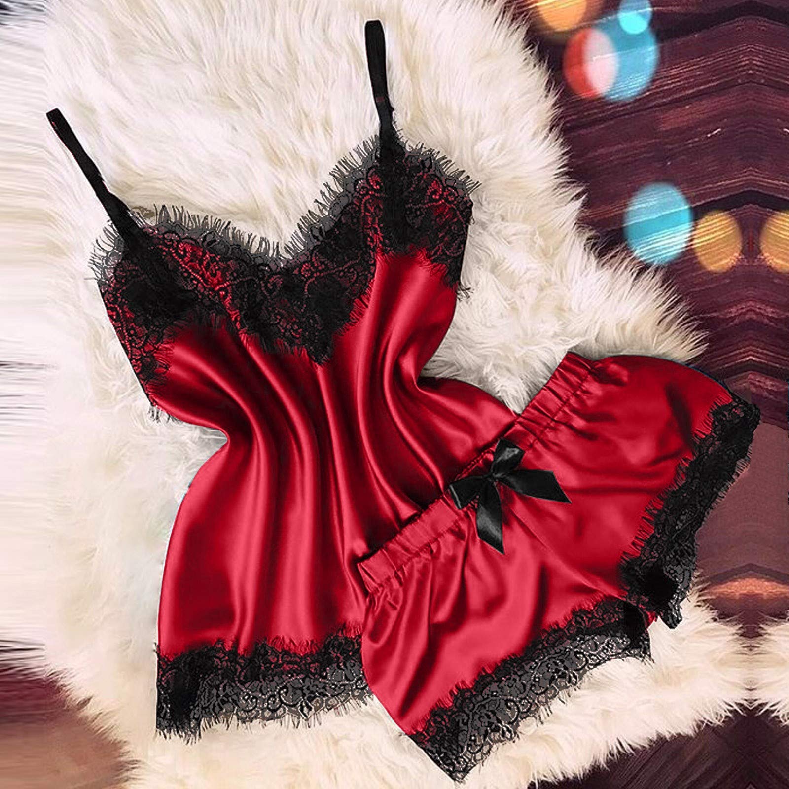 Sexy Lace Camisole & Shorts Pajama Set for Women - V-Neck Bowknot Eyelash Lingerie in Plus Sizes | Perfect for Sleepwear, Boudoir & Romantic Nights