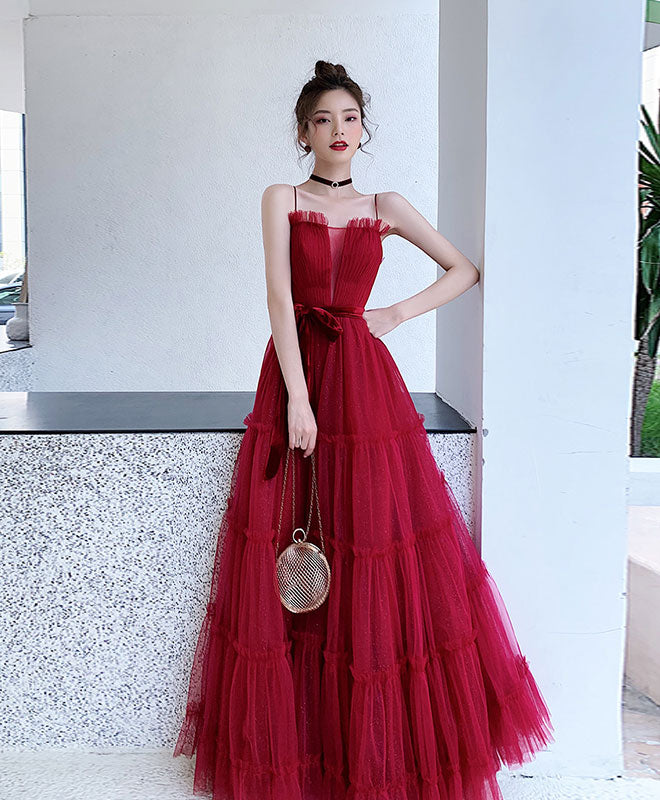 Elegant Burgundy A-Line Tulle Long Prom Dress for Women - Formal Evening Gown for Homecoming, Ball, and Special Occasions