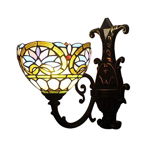 Vintage Victorian Tiffany Style Wall Lamp with Stained Glass Shade - 8 Inch Wide Black Wall Sconce for Bedroom, Living Room, Hotel & Restaurant Decor | Perfect for Ambient Lighting & Victorian Themed Interiors