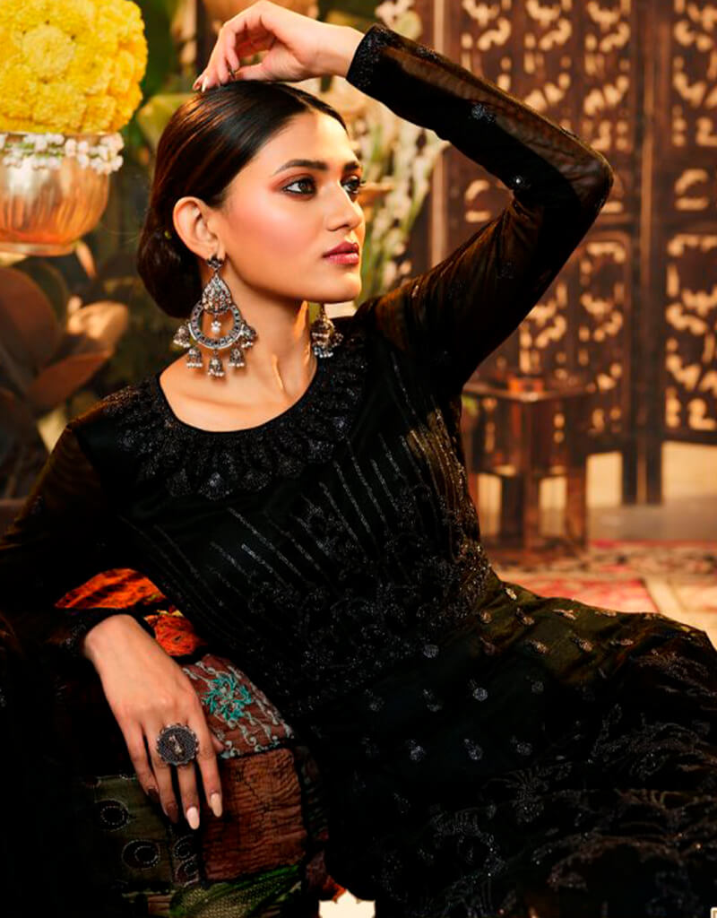 Elegant Black Anarkali Style Semi-Stitched Suit for Women | Traditional Indian Ethnic Wear | Perfect for Weddings, Parties & Festive Occasions