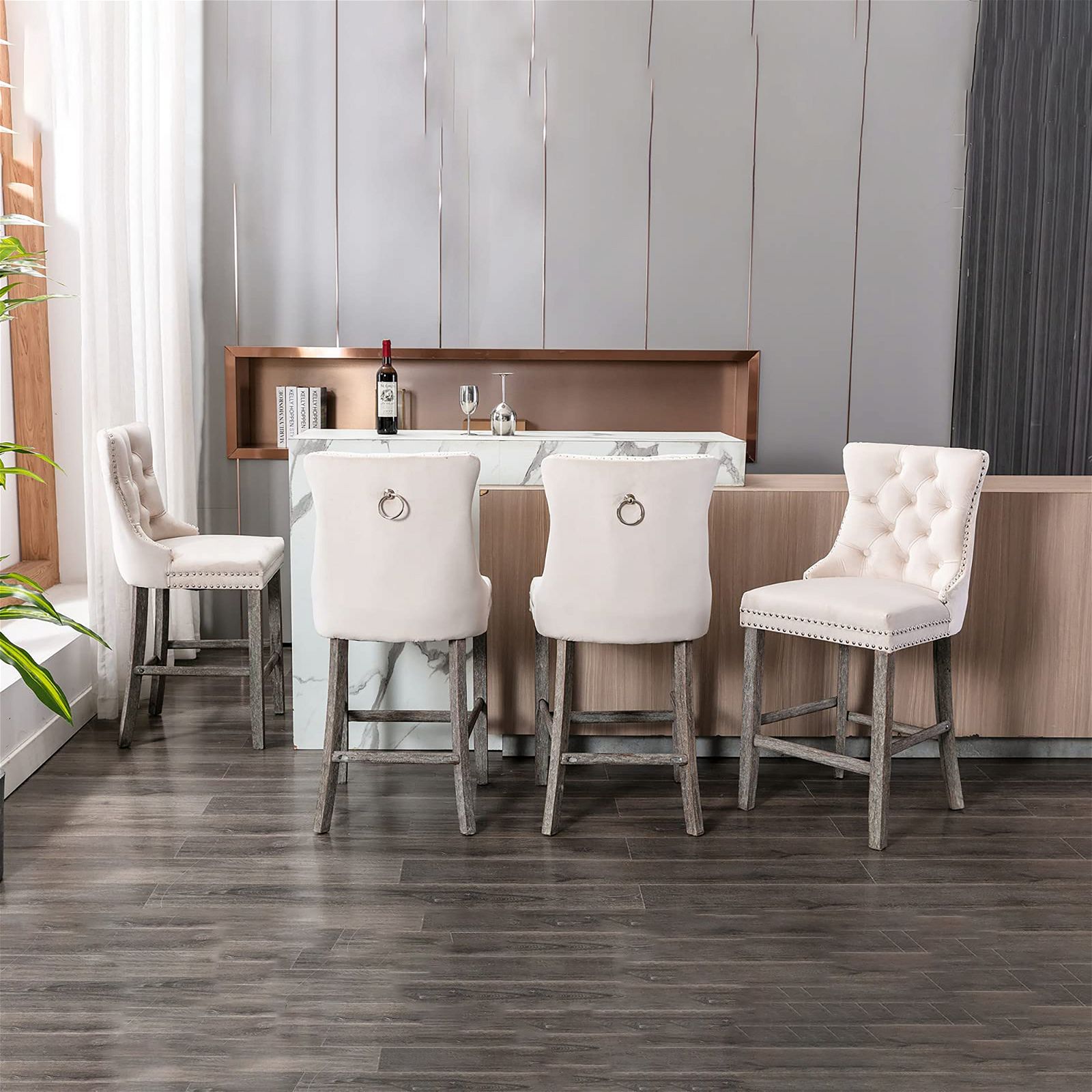 4 Velvet Bar Stools with Studs Trim & Wooden Legs - Tufted Dining Chairs for Kitchen Counter, Breakfast Nook & Home Bar - Comfortable Seating for Entertaining