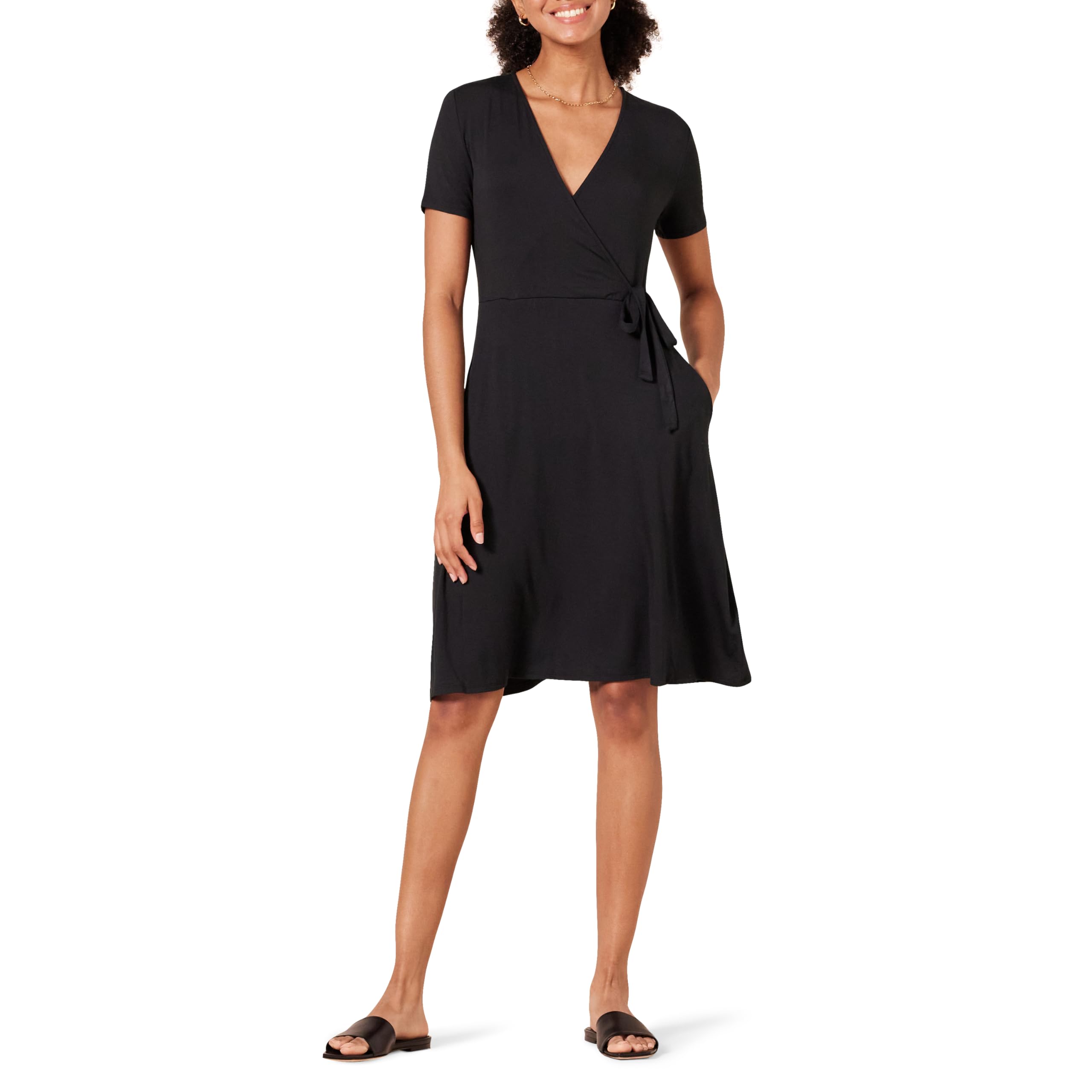 Amazon Essentials Women's Short Sleeve Faux-Wrap Dress - Flattering Casual & Office Wear for Women, Perfect for Work, Date Night & Summer Outings