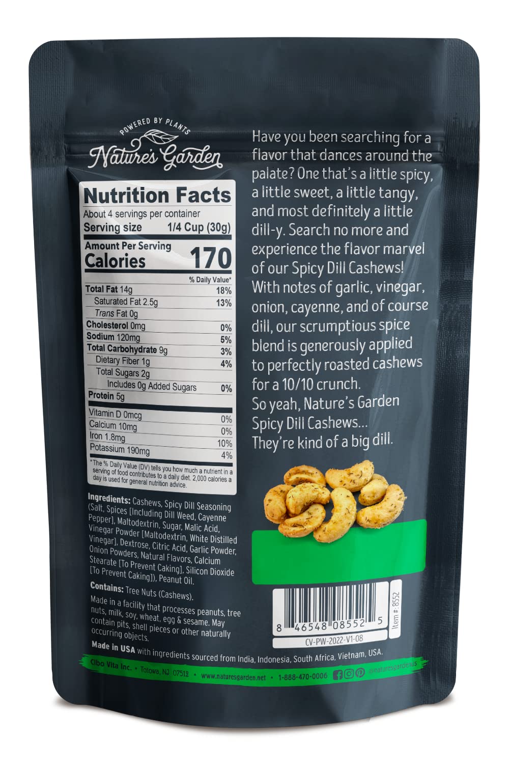 Nature's Garden Spicy Dill Cashews, 4 oz (Pack of 6) - Gluten Free Roasted Cashews Seasoned with Dill, Crunchy Healthy Snacks for Adults, Keto Friendly Nuts - Perfect for Office Snacking, Road Trips & Party Appetizers