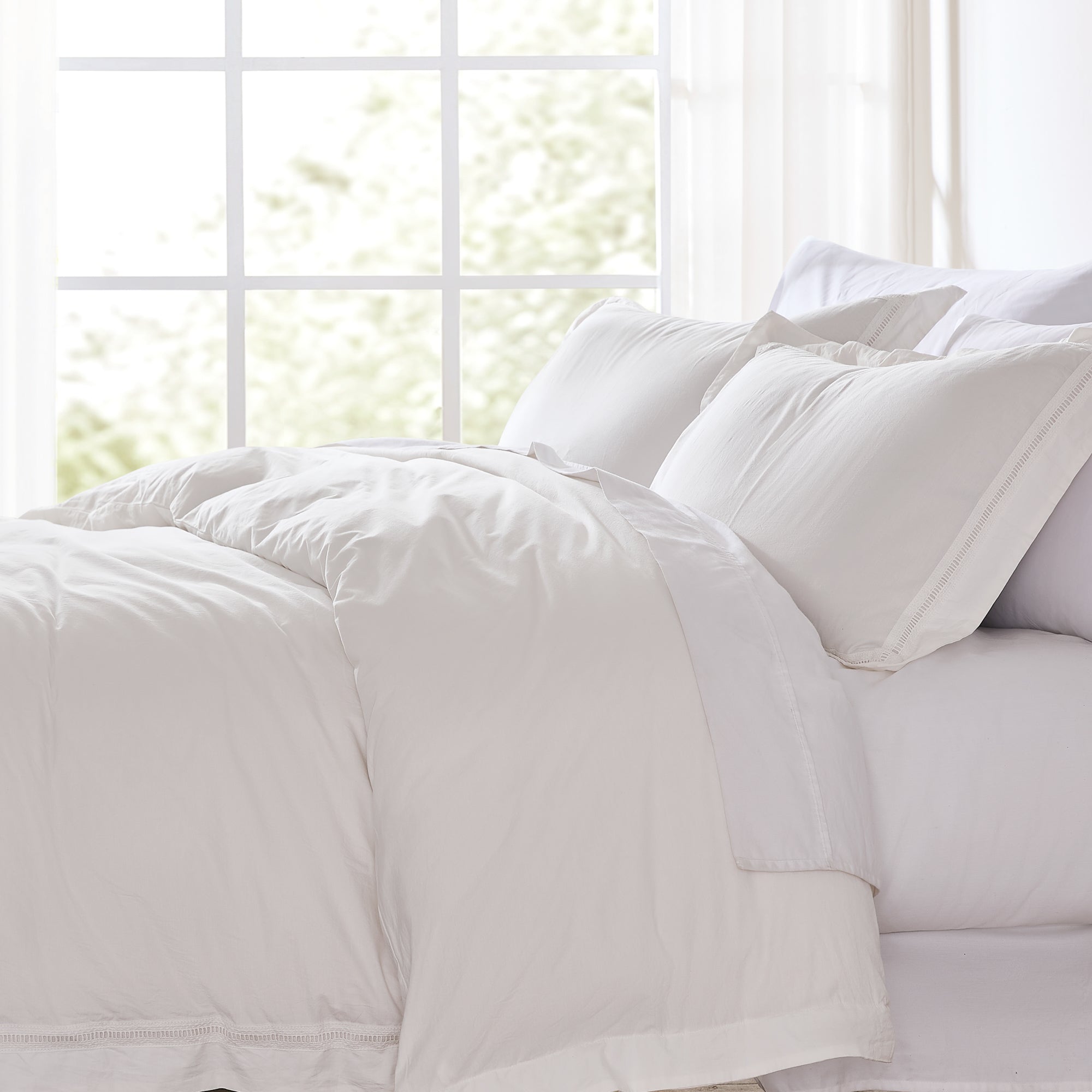 Doris Eyelet Inset Trim Cotton Duvet Cover Set - Queen Size Bedding Set with Pillowcases - Breathable Soft Duvet Cover for Bedroom, Guest Room & Dorm Decor