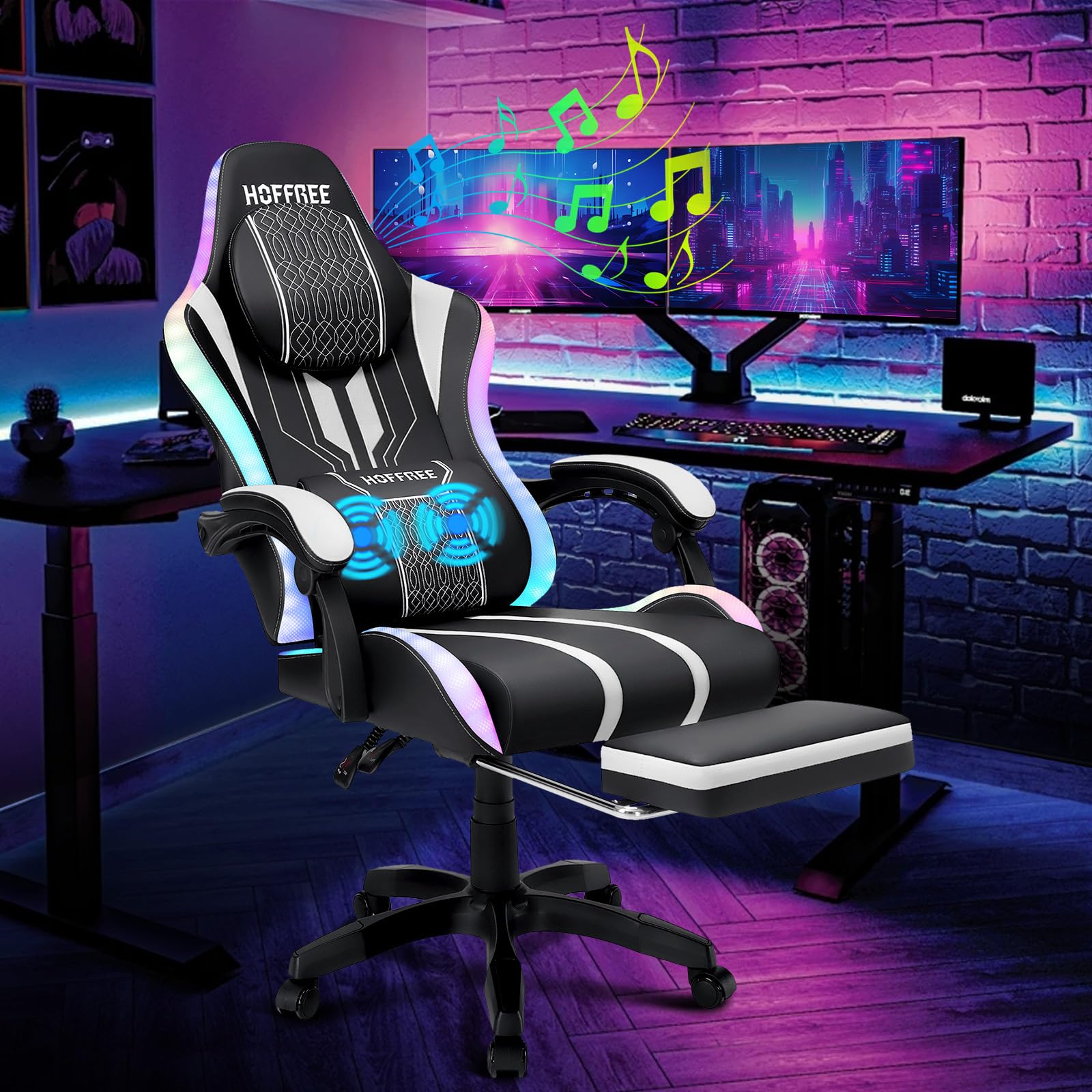 HOFFREE LED Gaming Chair with Massage & Bluetooth Speakers - Ergonomic Big and Tall PC Gaming Chair with Adjustable Footrest - Heavy Duty 400lbs Capacity Computer Desk Chair for Adults (White & Black) - Perfect for Esports, Streaming & Home Office Setup