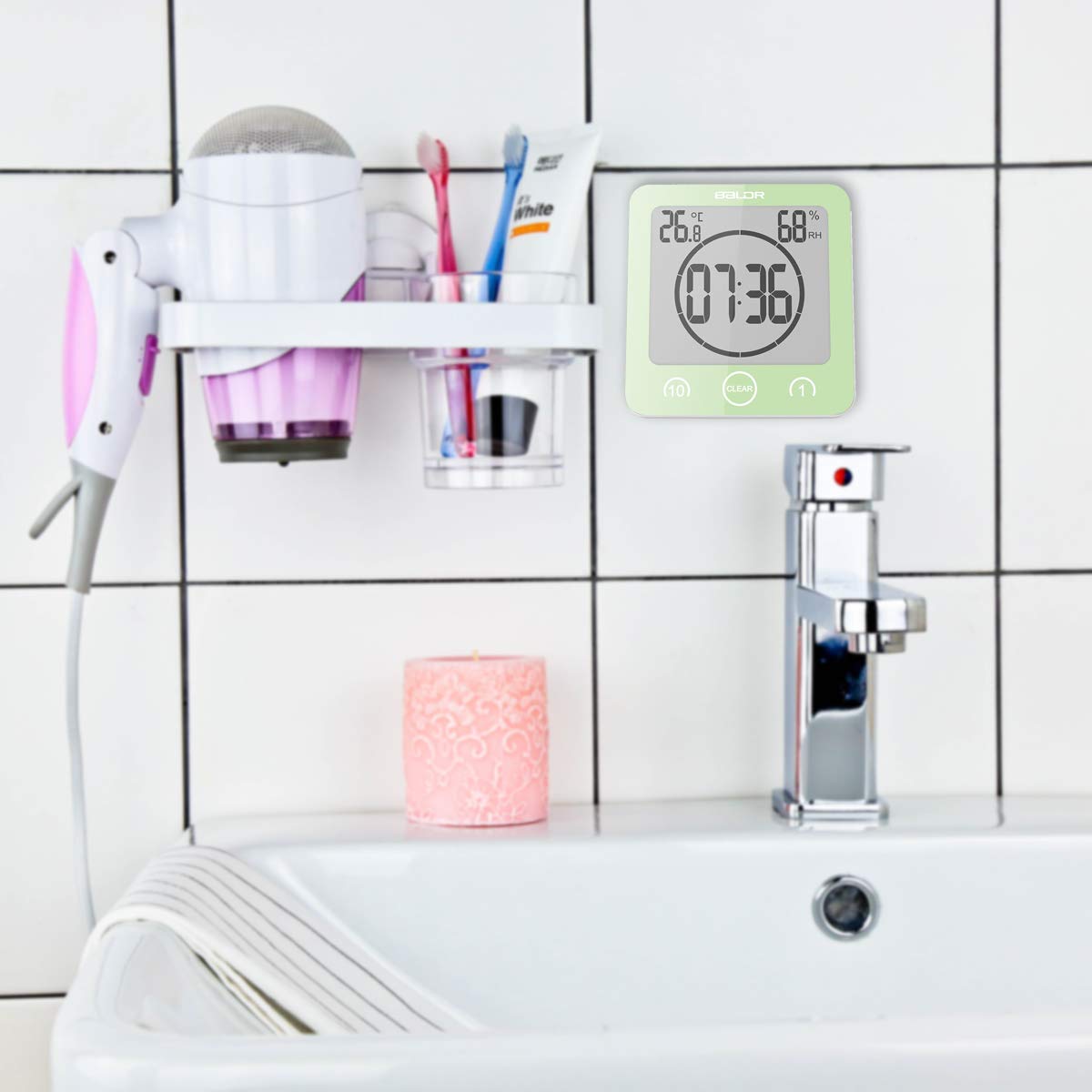 Waterproof Digital Shower Clock with Alarm, Touch Screen Timer, Temperature & Humidity Display - Suction Cup & Hanging Hole - Perfect for Bathroom, Gym Locker, Poolside & Spa (White)