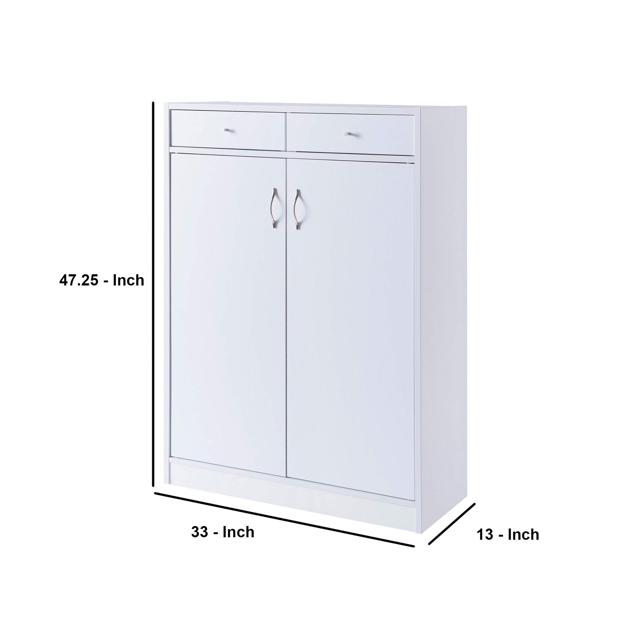 Benjara 47 Inch White Wooden Shoe Cabinet with 2 Doors - Space Saving Entryway Storage Organizer for Hallway, Closet & Mudroom