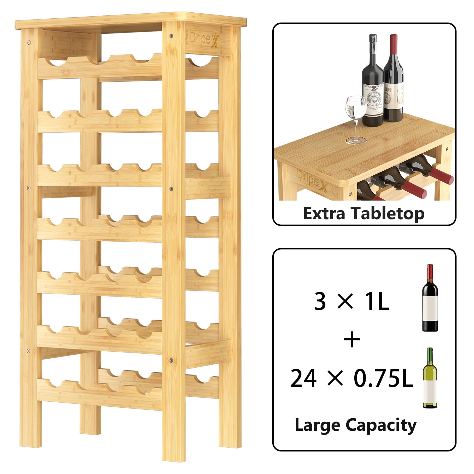 Dripex 7-Tier Bamboo Wine Rack - Free Standing Wine Holder for 27 Bottles, Kitchen & Home Storage Shelf with Table Top (47 x 29 x 102cm) - Perfect for Dining Room, Bar, Pantry & Wine Cellar Organization