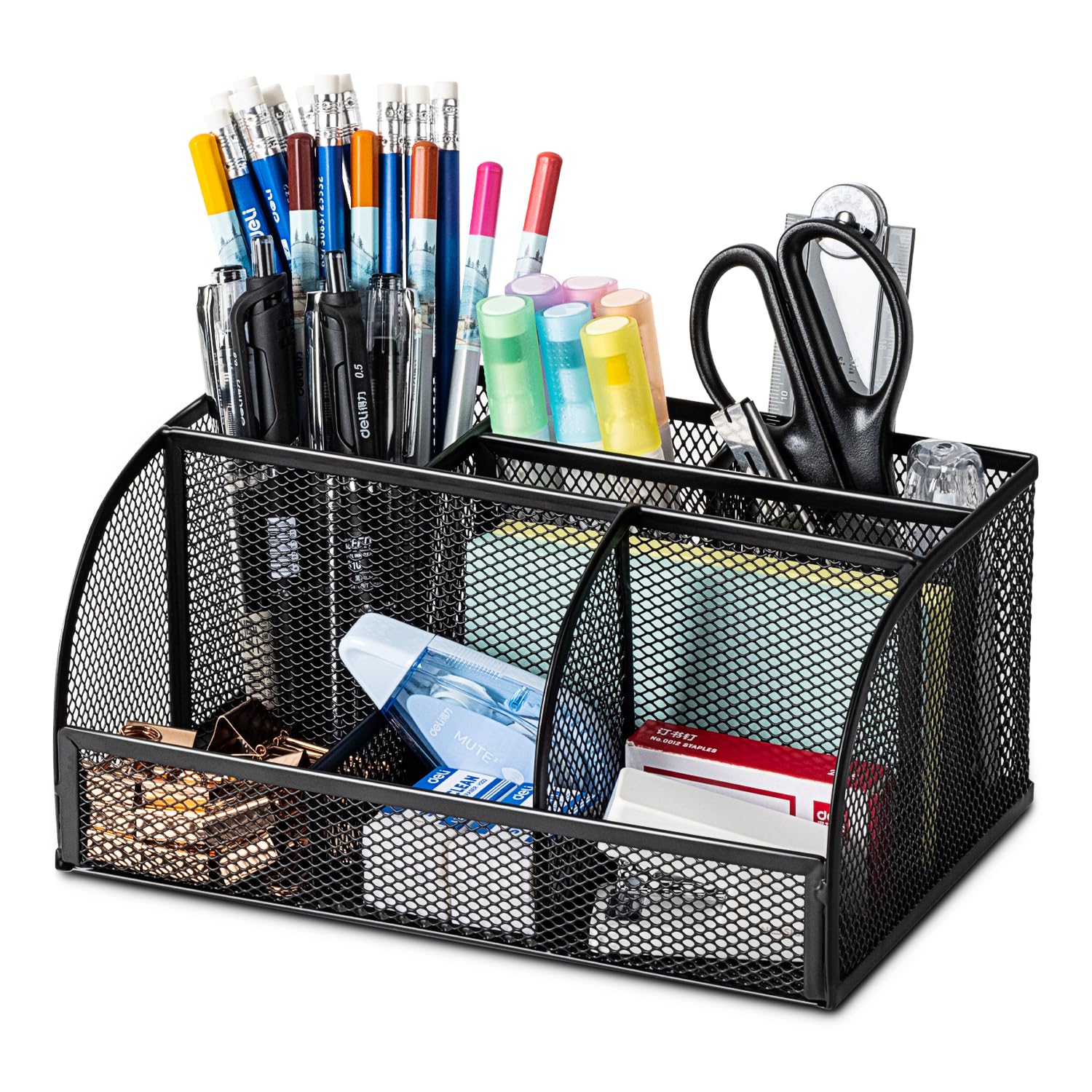 Deli 7-Compartment Black Mesh Desk Organizer with Pen Holder - Metal Office Desktop Organizer & Stationery Caddy for Home, Office, and School Workspace Organization