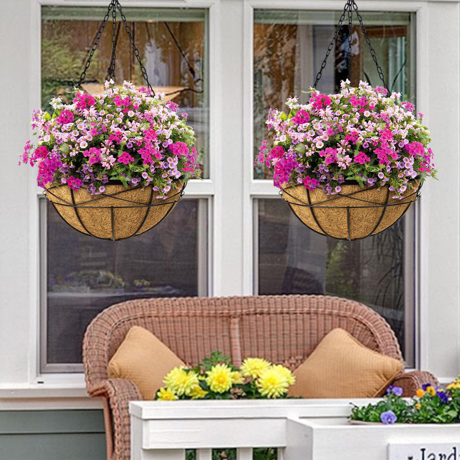 4 Pack 20 Inch Extra Large Deep Hanging Planters Baskets with Coconut Liner - Outdoor Flower Pots for Porch, Balcony & Garden Decor - Perfect for Ferns, Petunias & Vine Plants