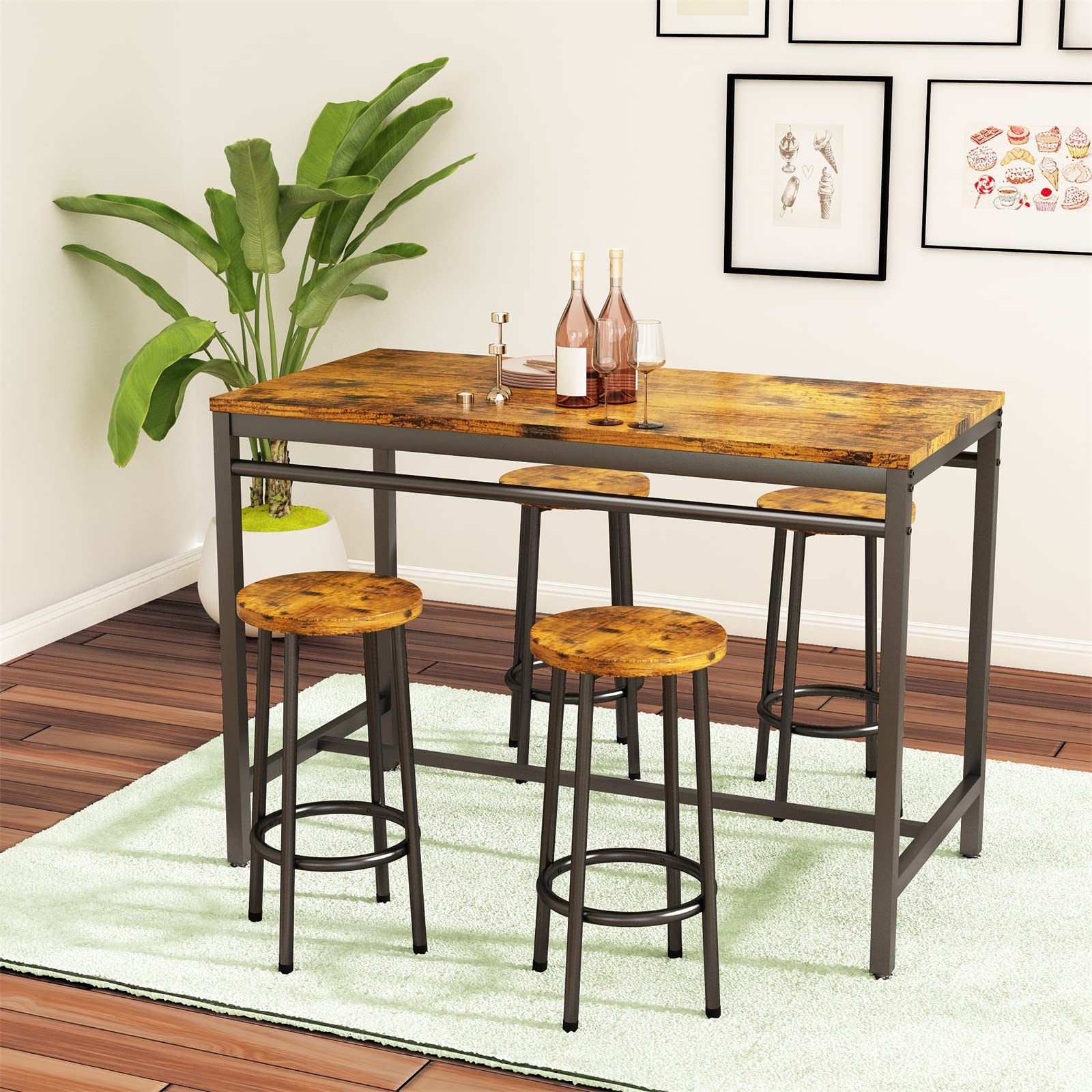 SSLine 5-Piece Pub Table and Chair Set - Modern Breakfast & Dining Table with 4 Stools, High Bar Table Set for Kitchen, Cafe or Patio - Rustic Brown Finish - Perfect for Small Spaces & Entertaining
