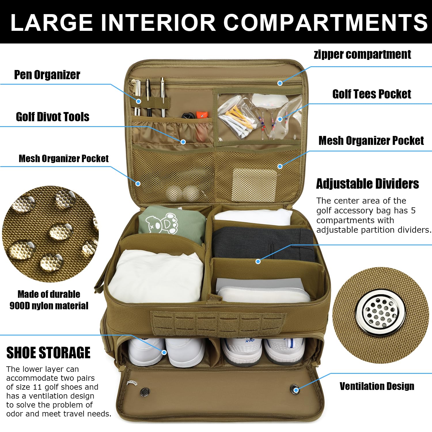 2 Layer Golf Trunk Organizer with Ventilated Shoe Compartments - Car Storage Organizer for Golf Balls, Clothes, Tees & Accessories - Perfect for Golfers to Keep Gear Organized On and Off the Course