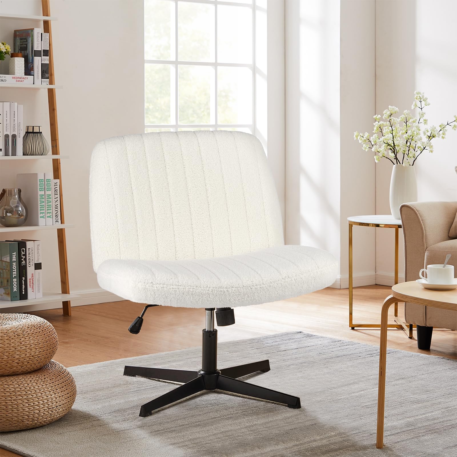 Sweetcrispy Criss Cross Chair Legged Armless Office Desk Chair - No Wheels, Swivel Vanity Chair with Height Adjustable Wide Seat - Modern Fabric Computer Task Chair for Home Office, Dressing Room & Workspace (White)