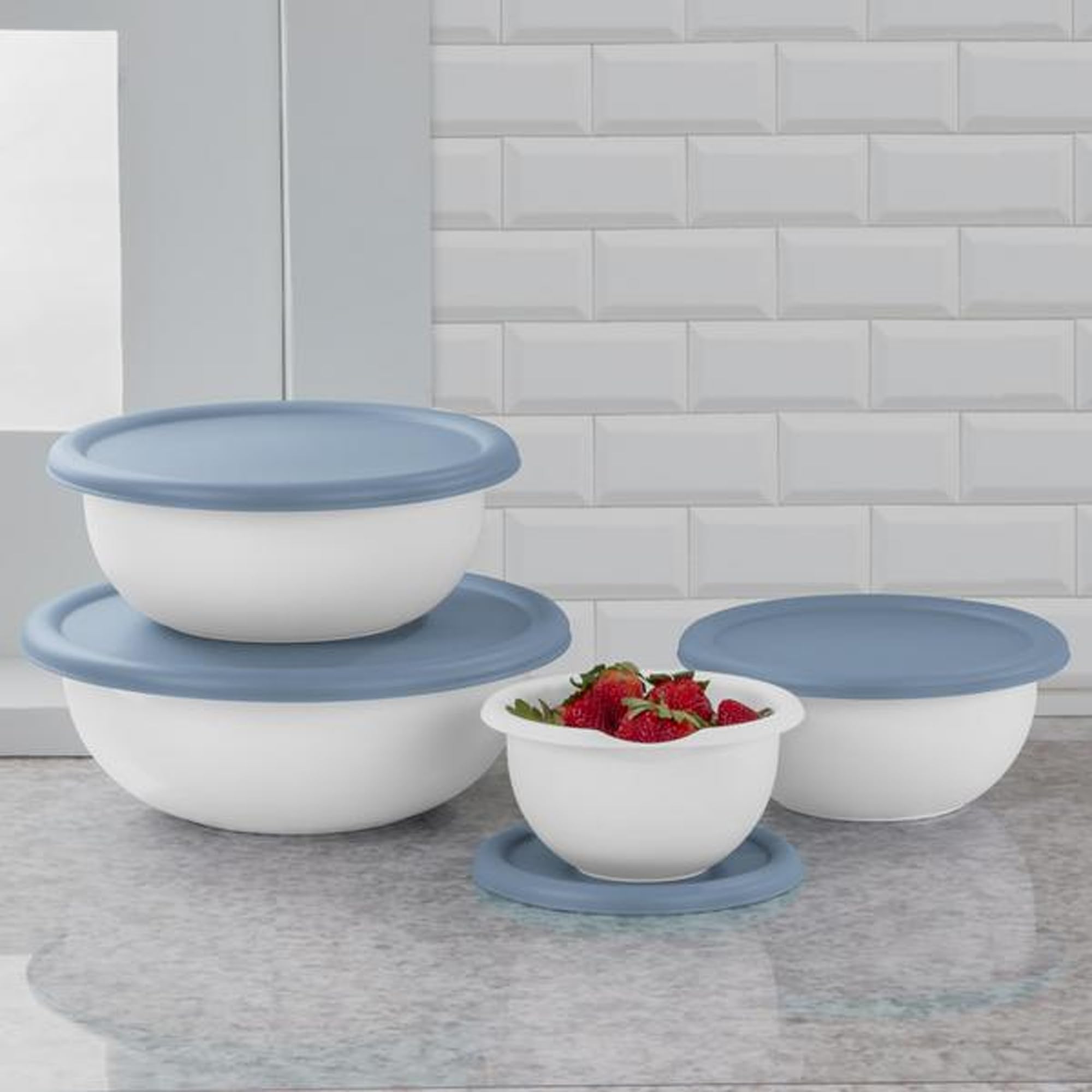 Sterilite 12-Piece Plastic Nesting Mixing Bowls Set with Lids & Pour Spouts - Airtight Food Storage Containers for Meal Prep, Baking & Leftovers (Washed Blue) - Perfect for Kitchen Organization & Entertaining