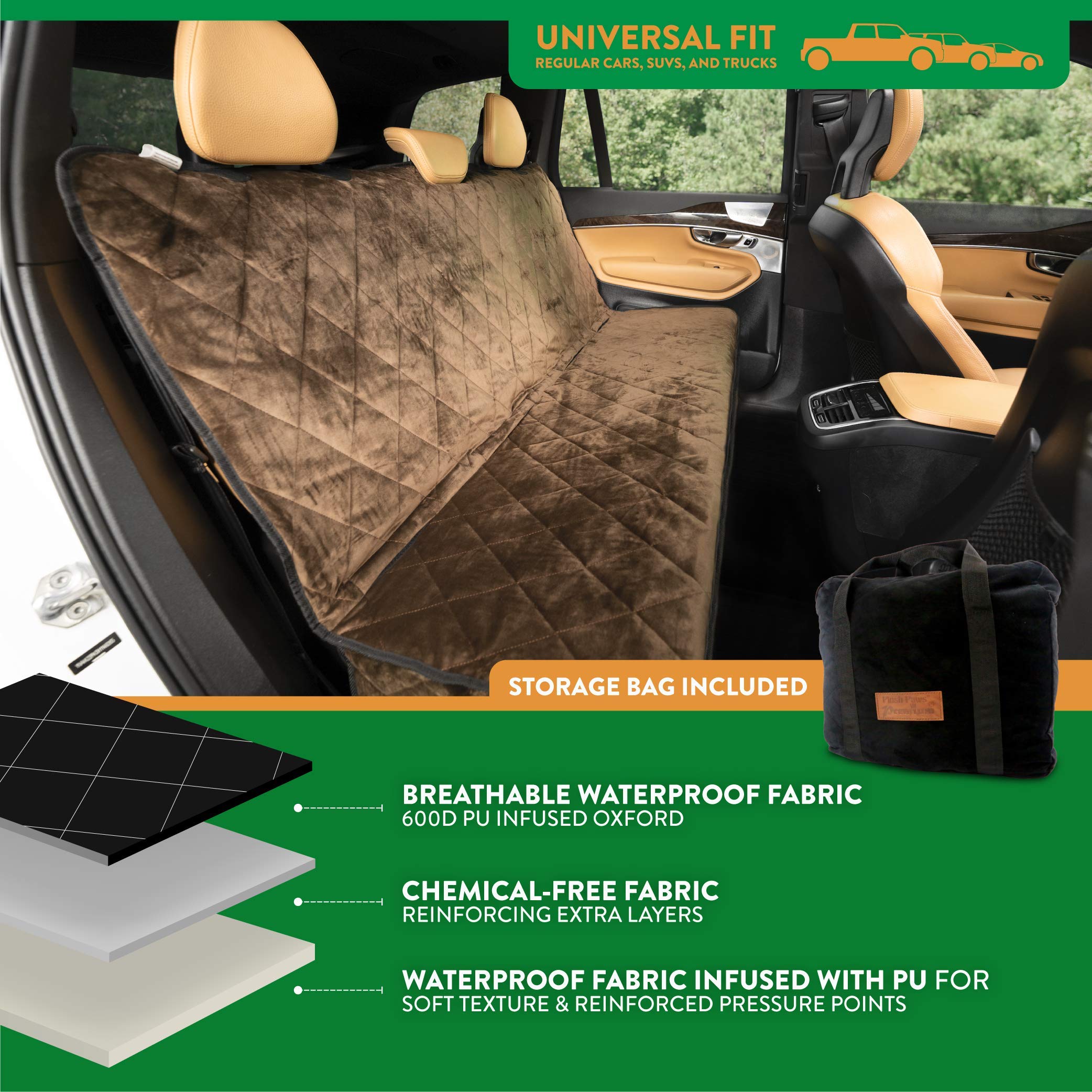 Plush Paws Velvet Rear Car Seat Protector with Hammock - Washable & Waterproof Dog Seat Cover for Cars, Trucks & SUVs - Non-Slip, Tear-Resistant Pet Car Seat Protector - X-Large Chocolate | Perfect for Road Trips, Daily Commutes & Pet Transportation
