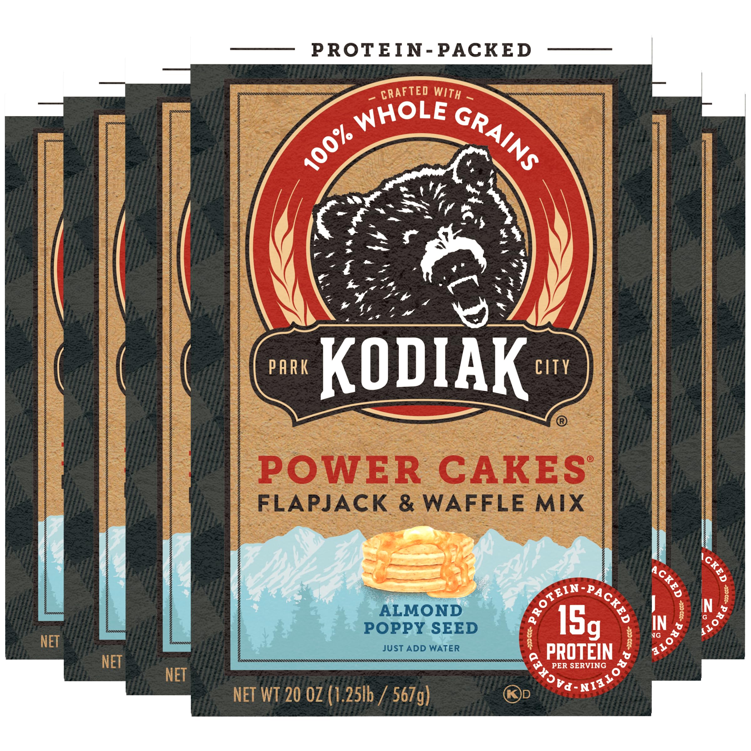 Kodiak Cakes Power Cakes - Almond Poppyseed High Protein Pancake & Waffle Mix, 100% Whole Grains, Pack of 6 | Perfect for Breakfast, Camping & Post-Workout Meals