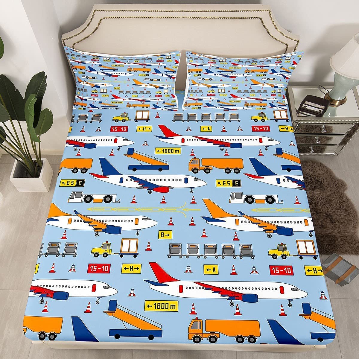 Kids Airplane Bedding Set - 4Pcs Queen Size Aircraft Themed Fitted Sheet with Cars & Traffic Lights Decor for Boys Room | Perfect for Aviation Lovers' Bedroom & Transportation Themed Nursery