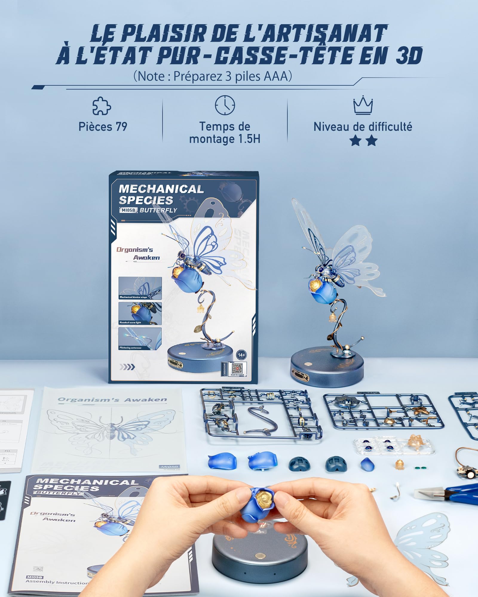 ROBOTIME 3D Metal Mechanical Puzzle Kit - DIY Butterfly Model with LED Lights for Adults & Teens | Unique Home Decor, Birthday Gift | Easy Assembly STEM Building Toy (Blue) - Perfect for Office Desk Display, Night Light, and STEM Education Projects