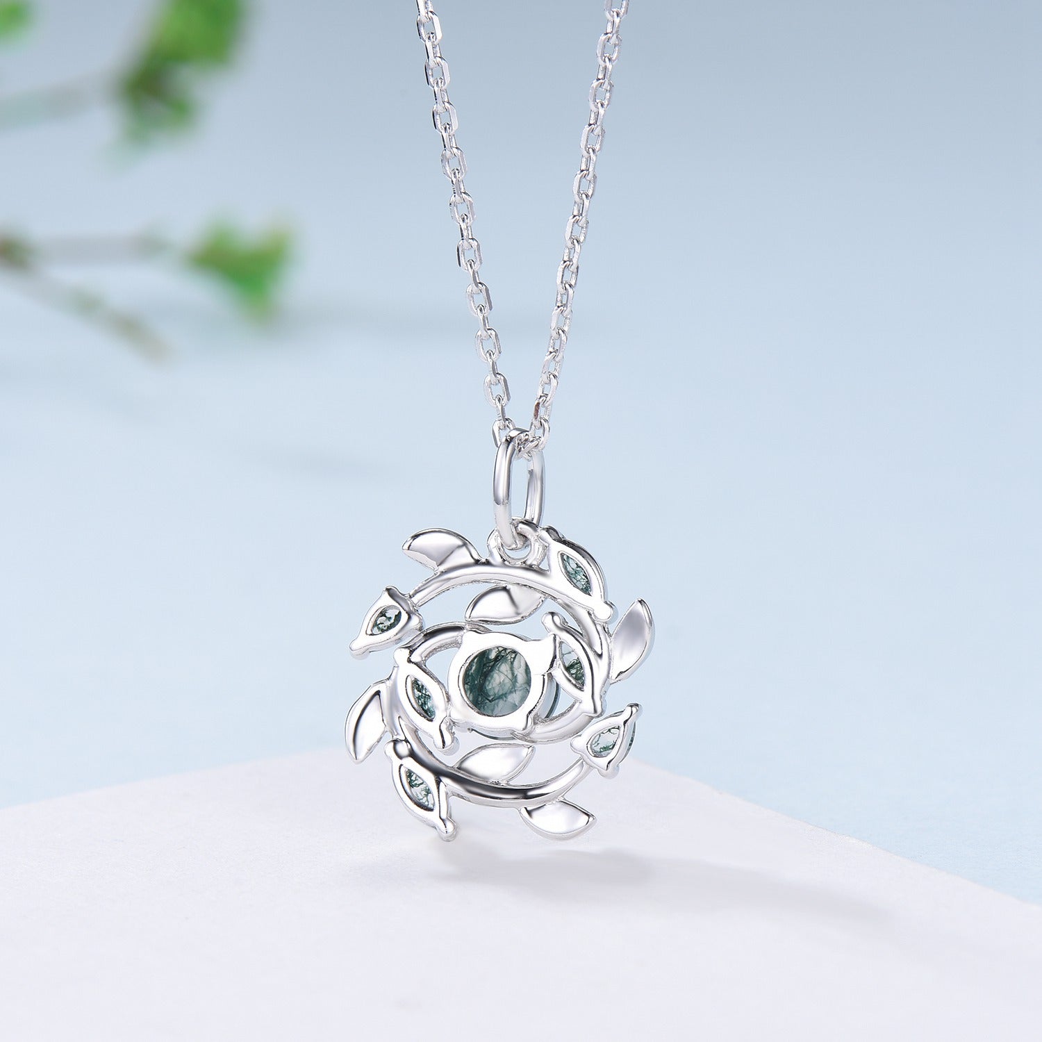 5mm Round Moss Agate Necklace - Nature Inspired Green Agate Pendant with Marquise & Pear Cut | Flower & Snowflake Design | Unique Anniversary Gift for Women | Perfect for Weddings, Date Nights & Special Occasions