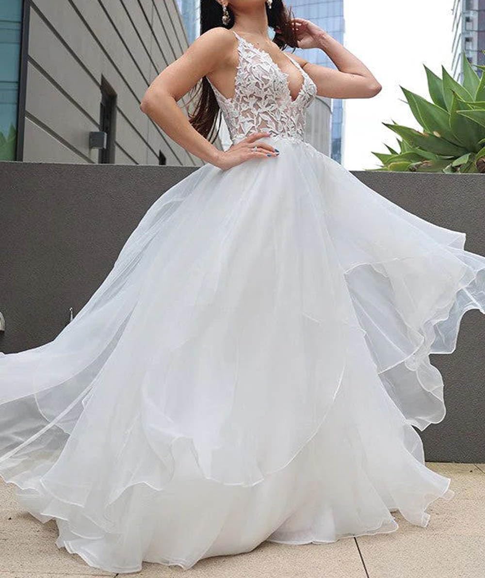 Elegant Double V Neck Lace Applique Wedding Dress for Bride - A-Line Tulle Ball Gown with Lace Detailing | Perfect for Bridal Showers, Wedding Ceremonies & Formal Events