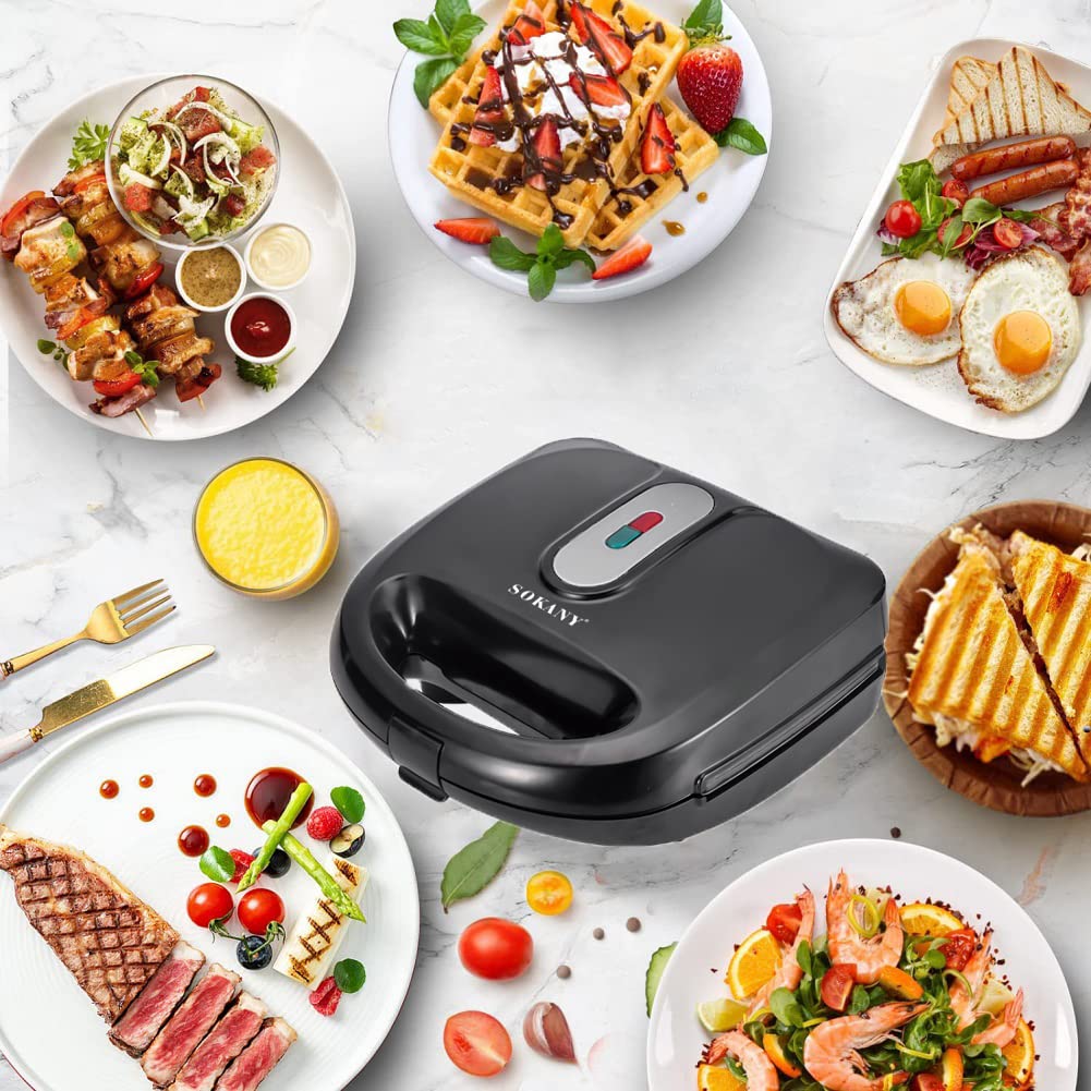 SOKANY 6-in-1 Multi-Function Sandwich Maker & Waffle Iron - 750W Electric Grill with Non-Stick Plates (Panini Press, Donut Maker, Double-Sided Cooking) - Perfect for Breakfast, Snacks & Party Food Preparation