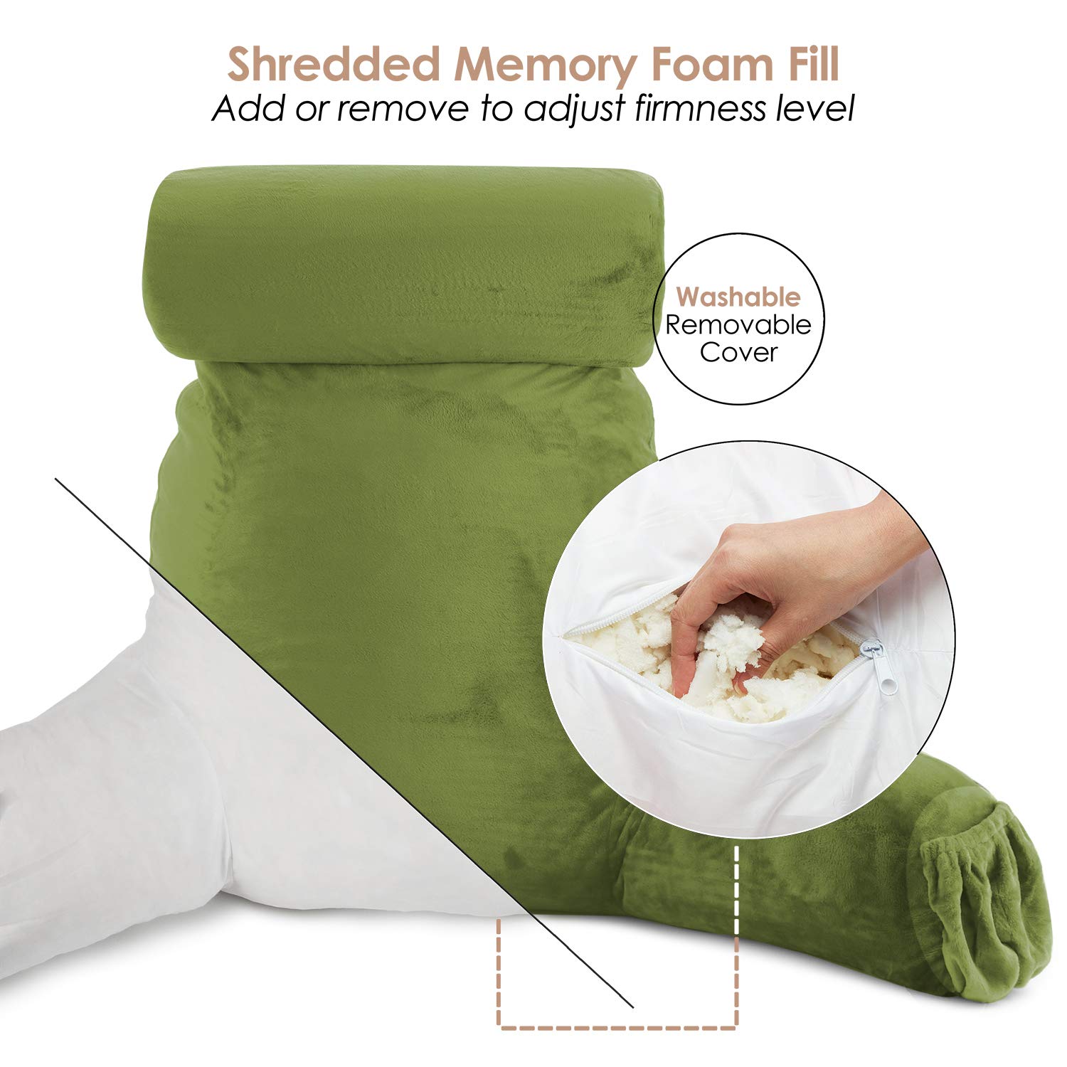 Nestl Reading Pillow with Shredded Memory Foam - Large Back Support Pillow for Sitting in Bed, Reading & Relaxing - Calla Green Bed Chair Pillow with Pockets (Perfect for Reading, Watching TV, or Lounging in Bed)