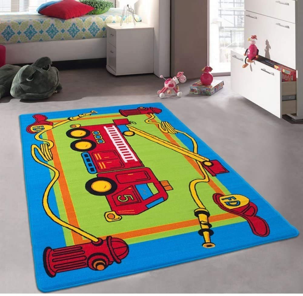 Kids Fire Station Play Mat - 5x7 Feet Non-Slip Gel Back Area Rug with Rotating Ladder & Fire Hose for Educational Fun | Perfect for Nursery, Playroom & Toddler Bedroom Decor
