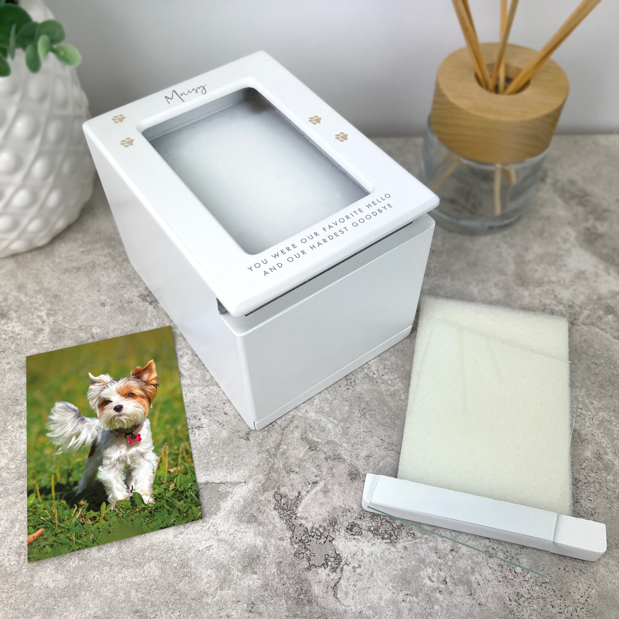 Personalized Neutral Paw Prints Pet Cremation Urn for Ashes - Holds 0.51 Liters (9.5cm x 6cm) with Photo Frame - Perfect Memorial for Beloved Dogs, Cats & Small Pets - Home, Shelf or Memorial Display