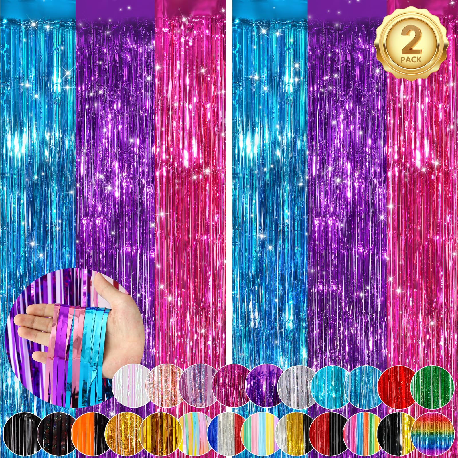 Rainbow Fringe Curtain Party Streamers 2-Pack - 3.3x8.3 Ft Shimmering Foil Fringe Backdrop for Birthday, Wedding, Baby Shower & Holiday Decorations - Perfect for Doorways, Photo Booths & Party Backdrops