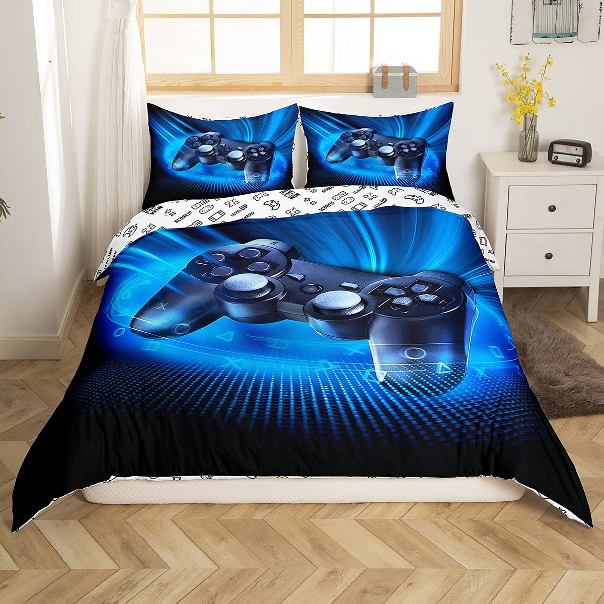 Gamer Bedding Set for Boys & Girls - Video Game Themed Twin Size Comforter Cover with Pillowcase (Blue & Black, 2Pcs) - Perfect for Kids & Teens Gaming Room Decor, Sleepovers & Game Nights