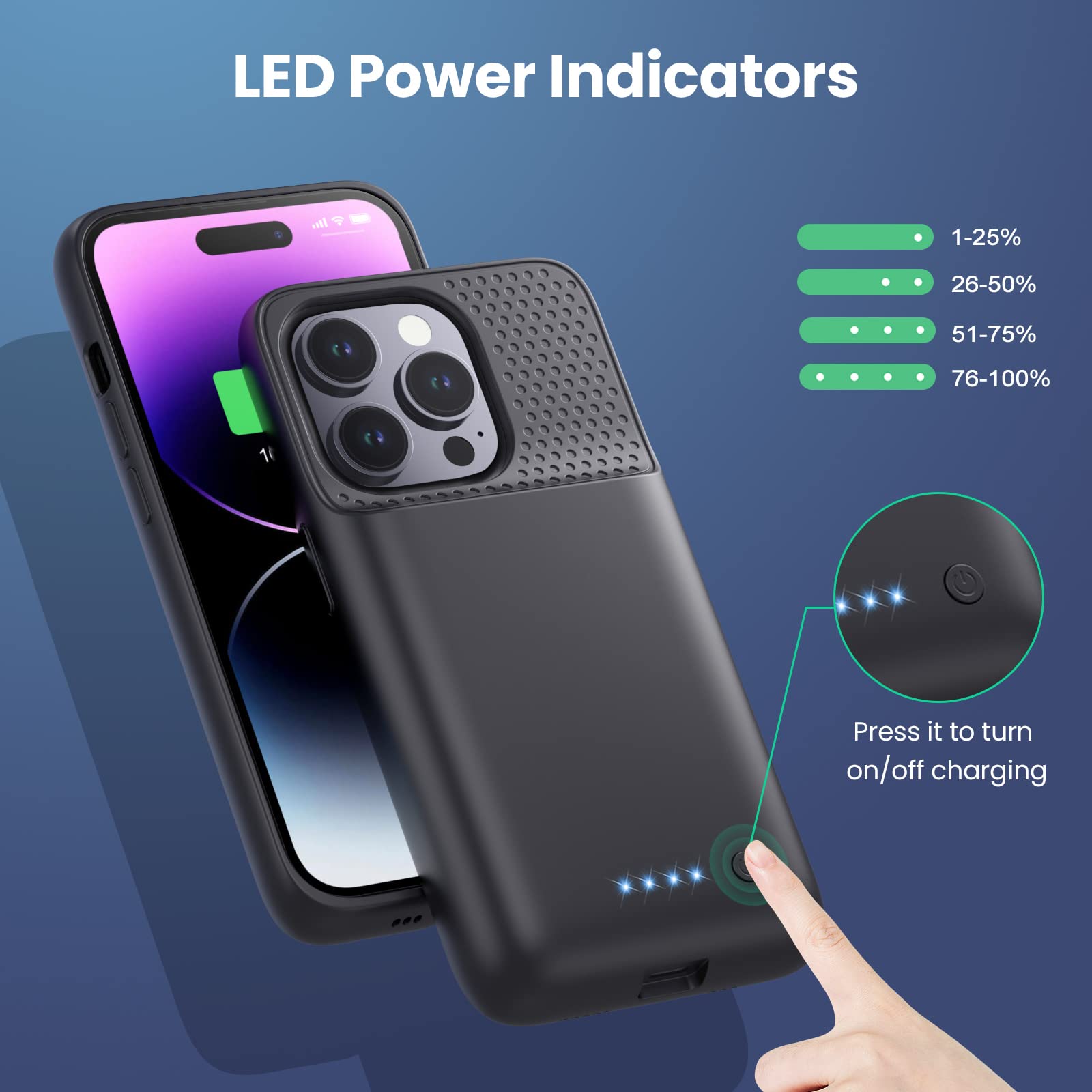 Feob 7200mAh Ultra-Slim Rechargeable Battery Case for iPhone 14 Pro (6.1 Inch) - Extended Power Protective Charging Case in Black | Perfect for Travel, Work & Outdoor Activities