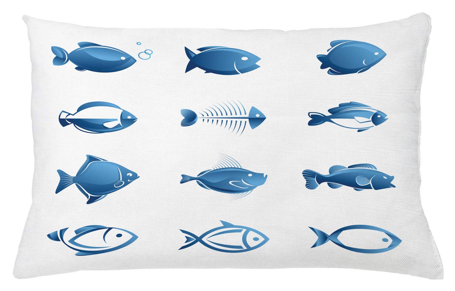 Ambesonne Fish Throw Pillow Cover - Blue and White Marine Life Ocean Pattern with Fish Silhouettes & Bones - Decorative Rectangle Cushion Case 26x16 Inches - Perfect for Living Room, Bedroom, or Beach House Decor